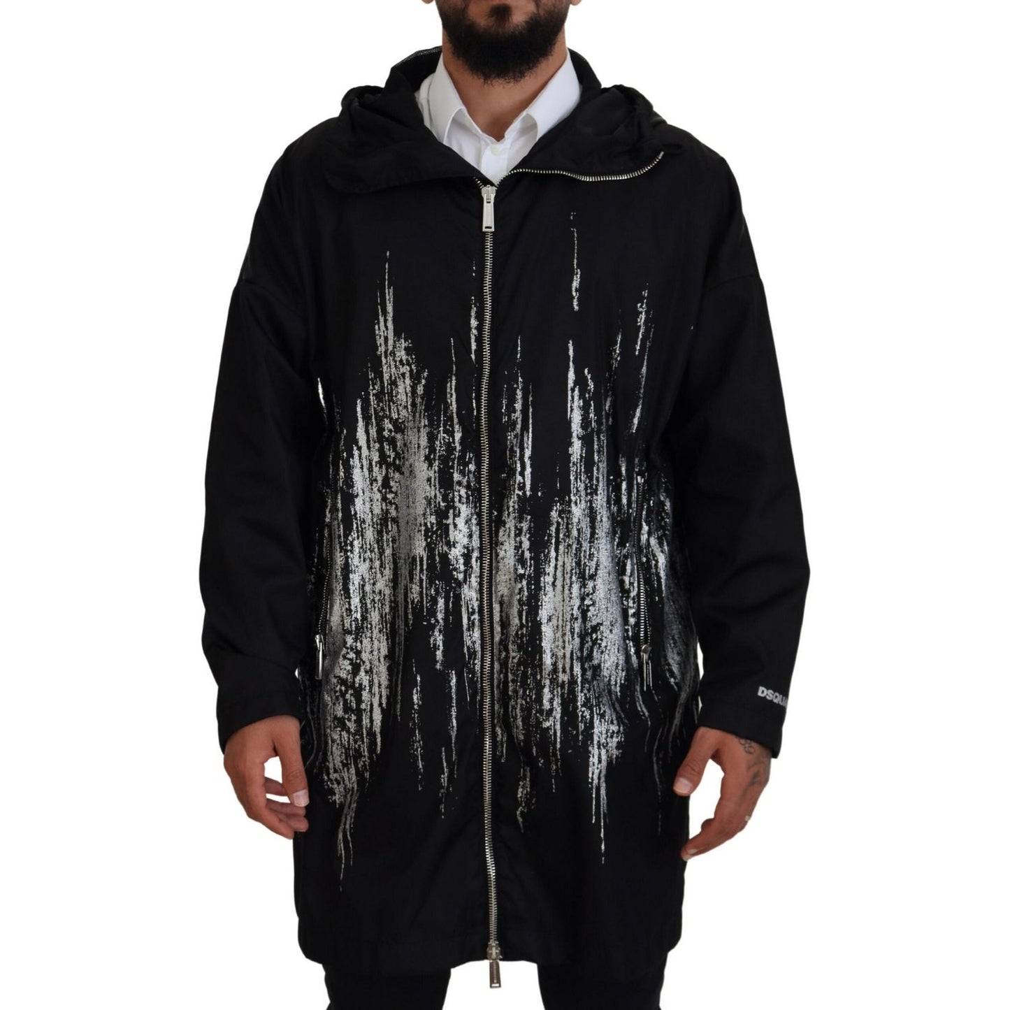 Dsquared² Black White Print Long Hooded Coat Nylon Jacket Dsquared² Black