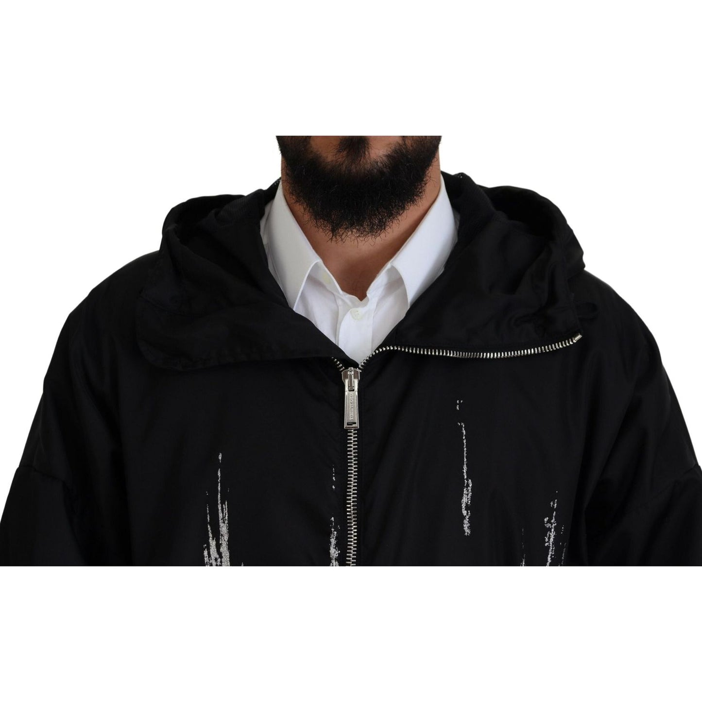 Dsquared² Black White Print Long Hooded Coat Nylon Jacket Dsquared² Black