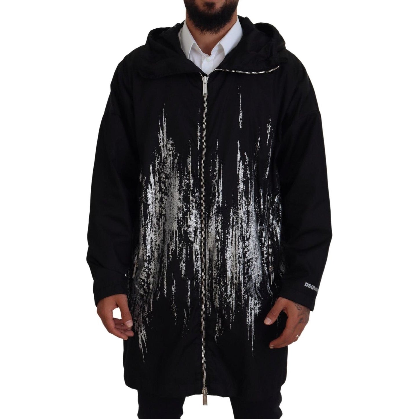 Dsquared² Black White Print Long Hooded Coat Nylon Jacket Dsquared² Black