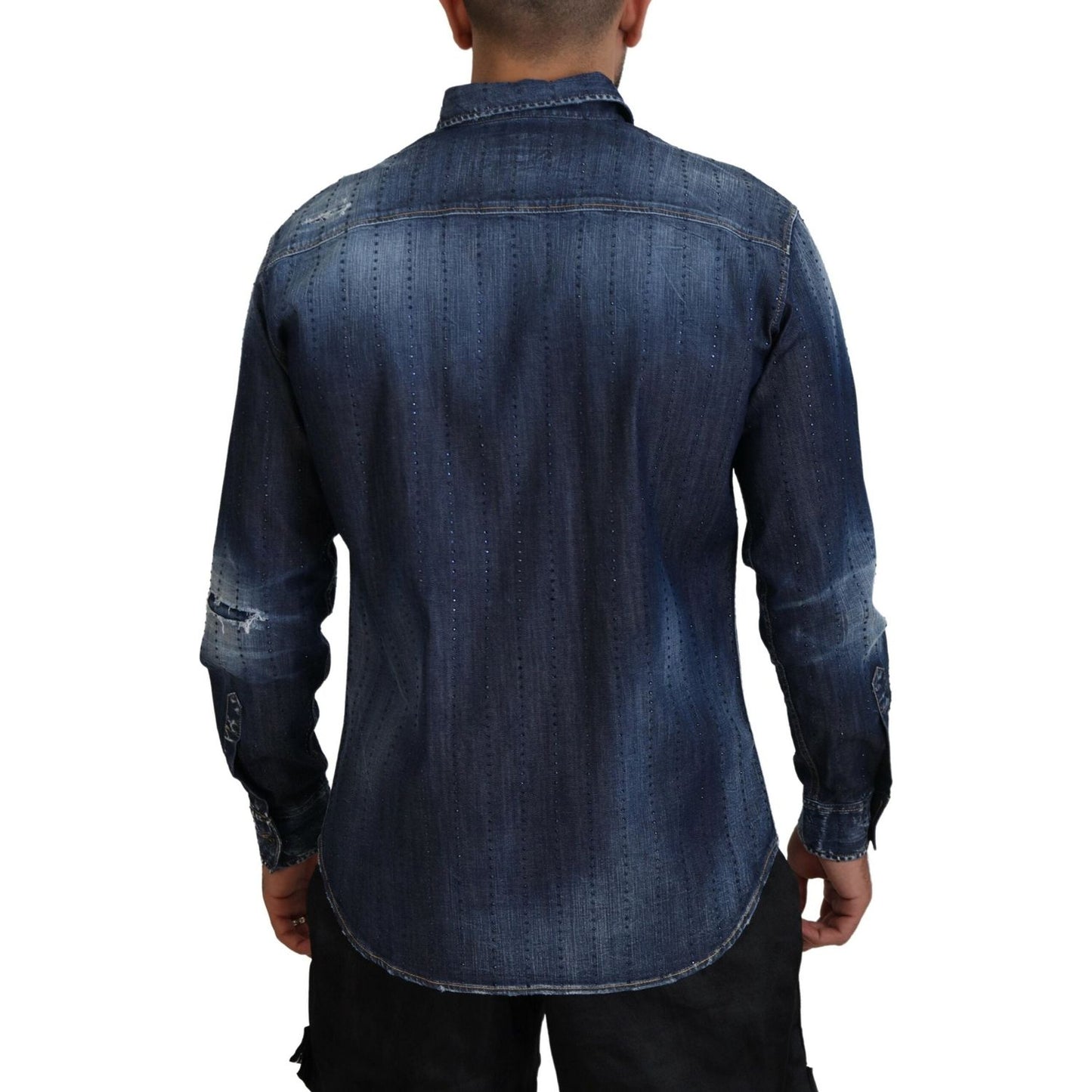 Dsquared² Blue Tattered Crystal Embellished Denim Shirt Dsquared² Dark Slate Gray