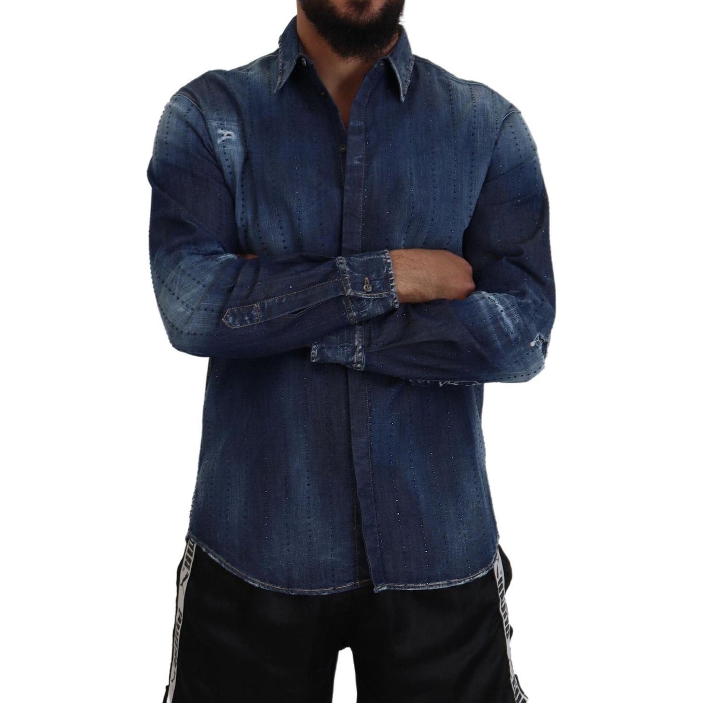 Dsquared² Blue Tattered Crystal Embellished Denim Shirt Dsquared² Dark Slate Gray