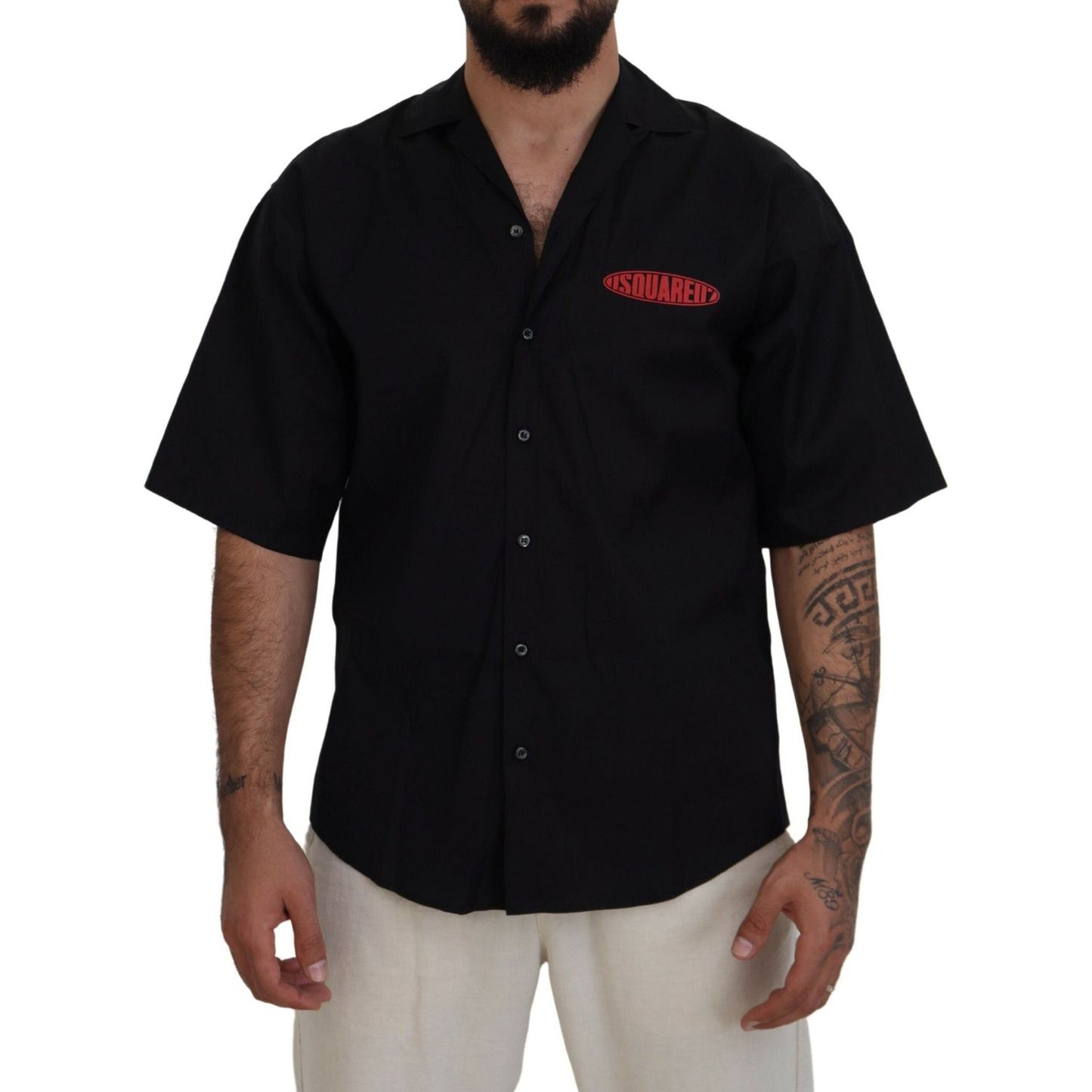 Dsquared² Black Cotton Collared Logo Print Short Sleeve Shirt Dsquared² Rosy Brown