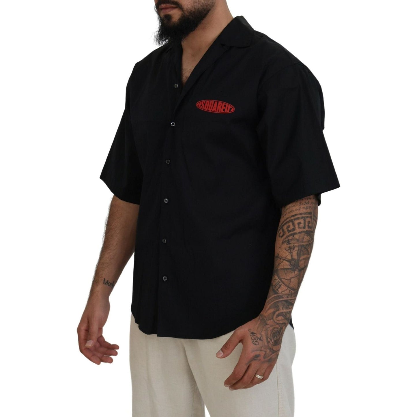 Dsquared² Black Cotton Collared Logo Print Short Sleeve Shirt Dsquared² Rosy Brown