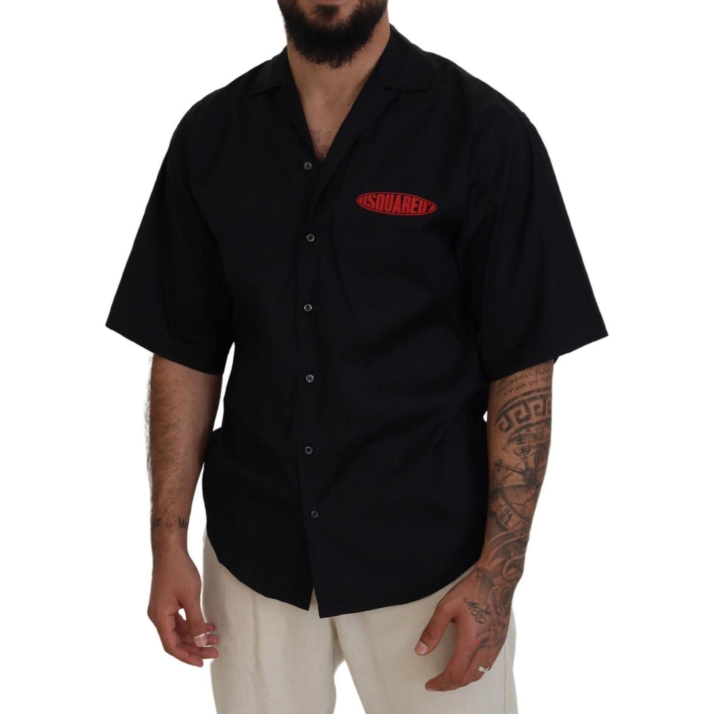 Dsquared² Black Cotton Collared Logo Print Short Sleeve Shirt Dsquared² Rosy Brown