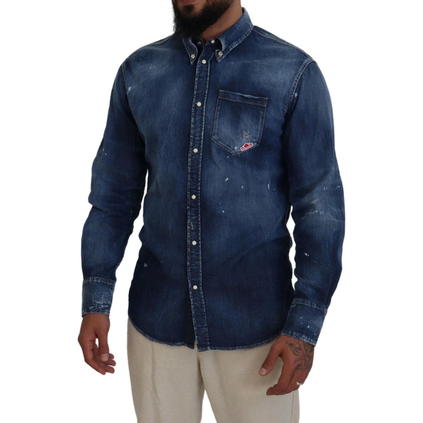 Dsquared² Blue Washed Collared Men Casual Long Sleeves Shirt Dsquared² Dark Slate Gray