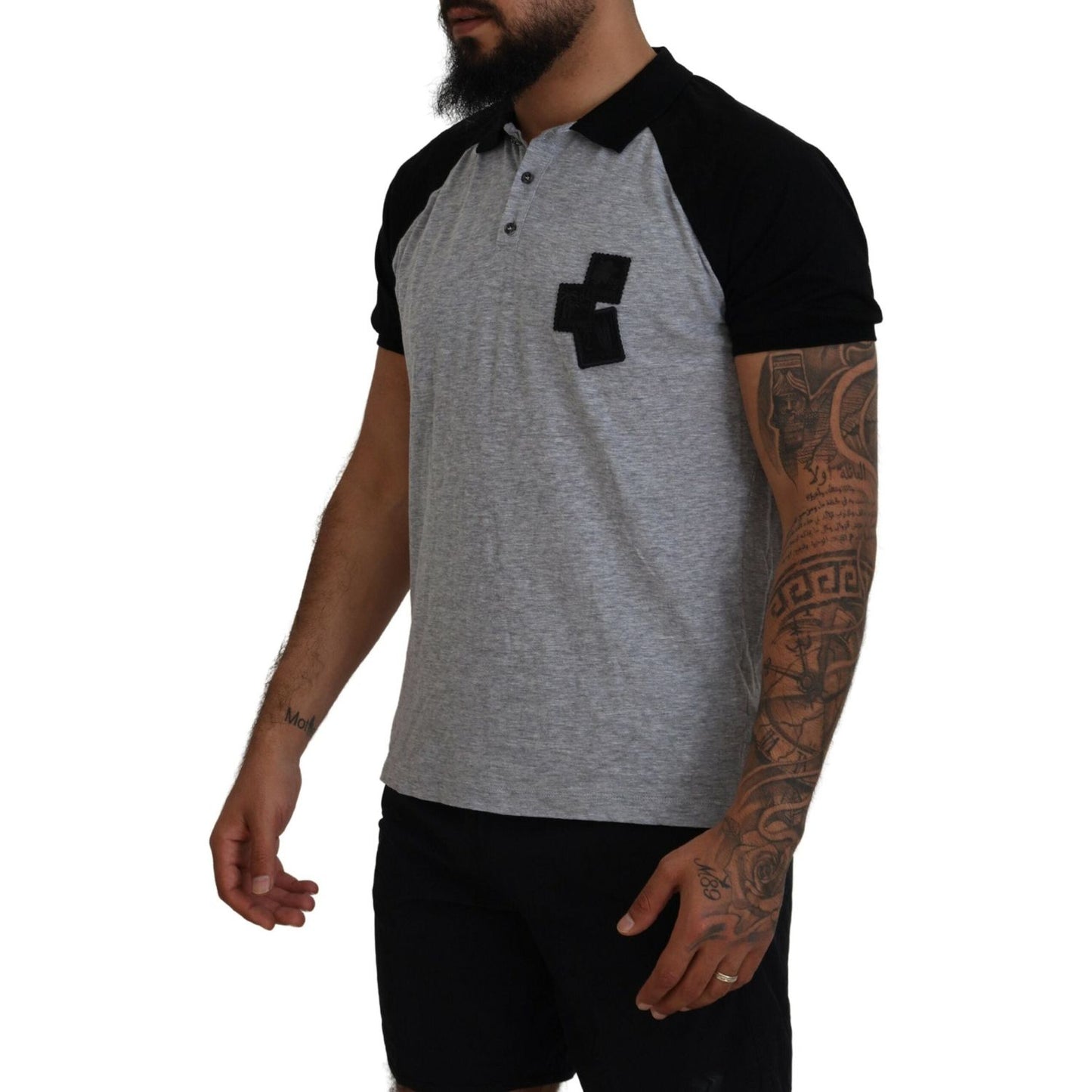 Dsquared² Gray Black Cotton Short Sleeves Collared T-shirt Dsquared² Dim Gray