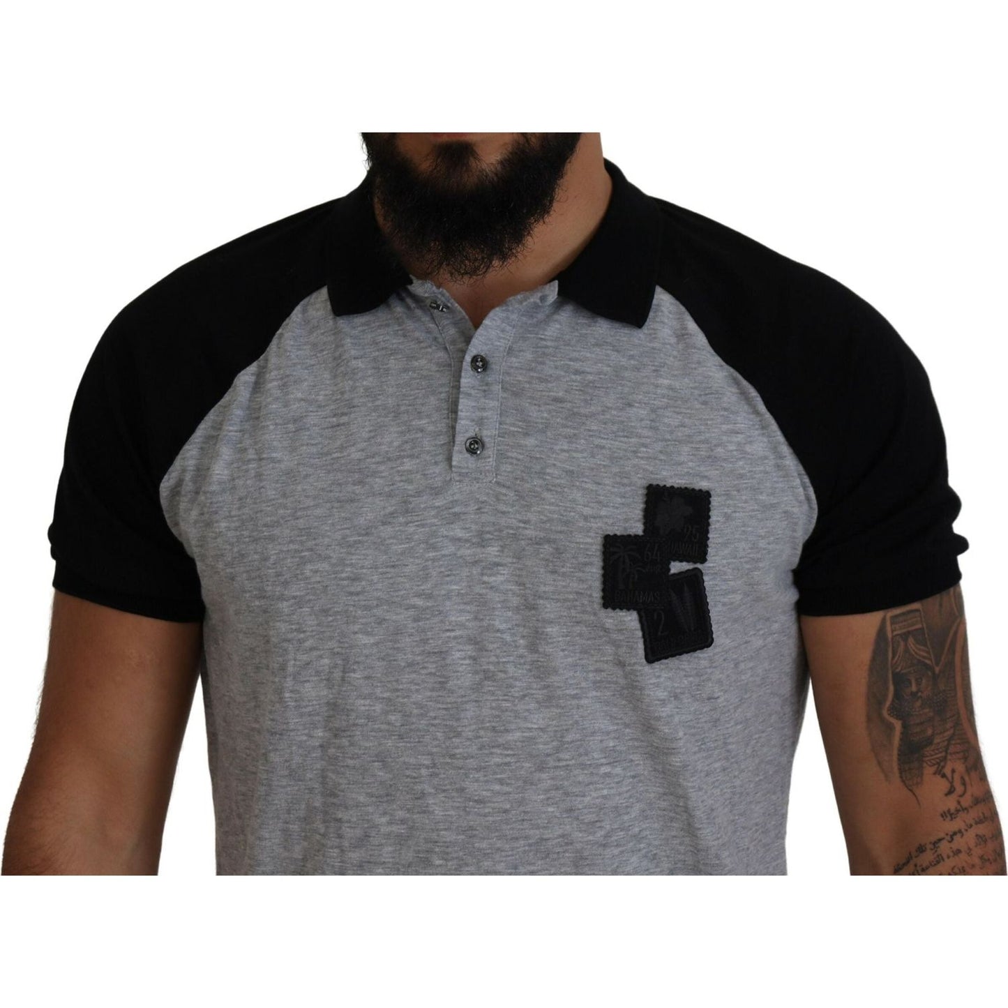 Dsquared² Gray Black Cotton Short Sleeves Collared T-shirt Dsquared² Dim Gray