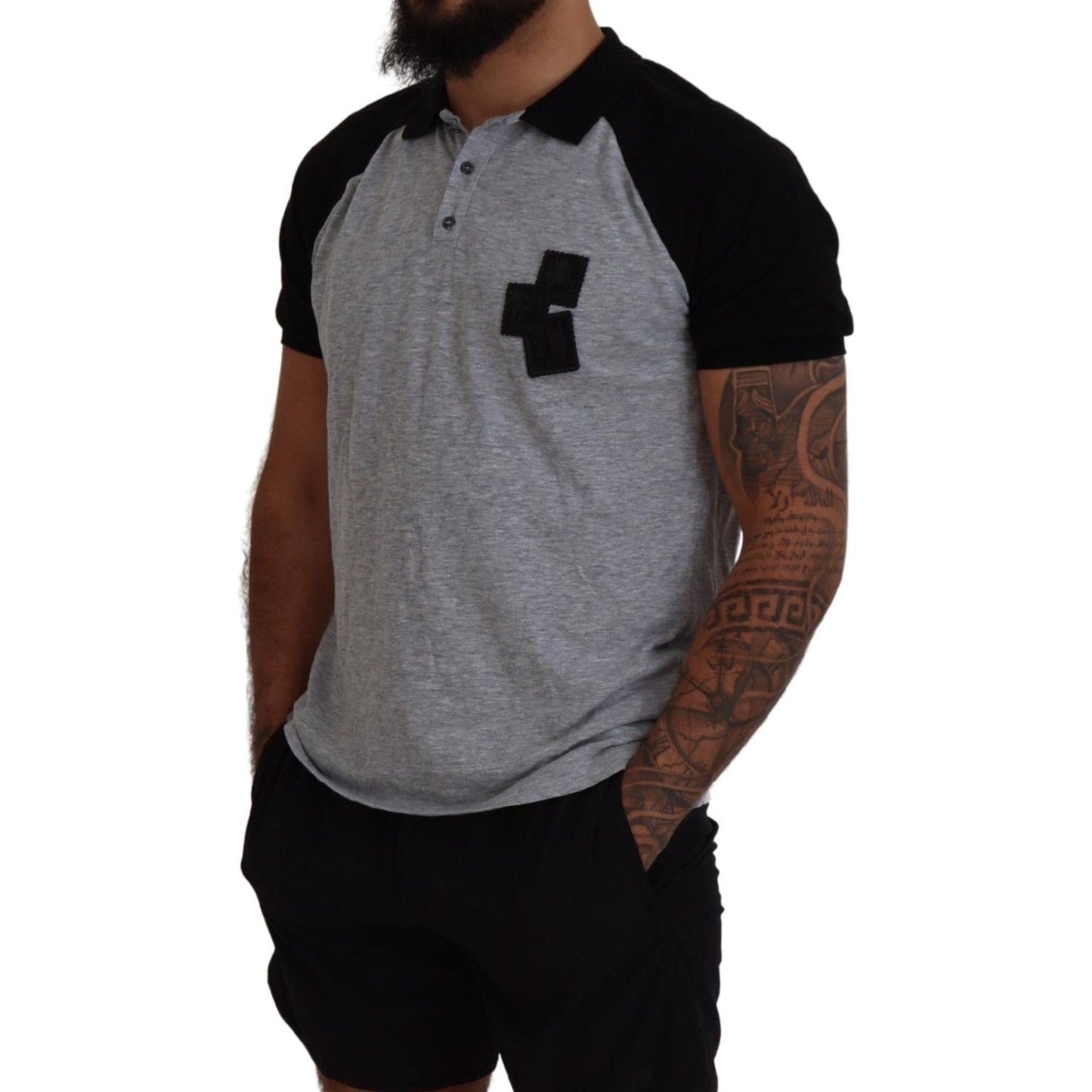 Dsquared² Gray Black Cotton Short Sleeves Collared T-shirt Dsquared² Dark Slate Gray