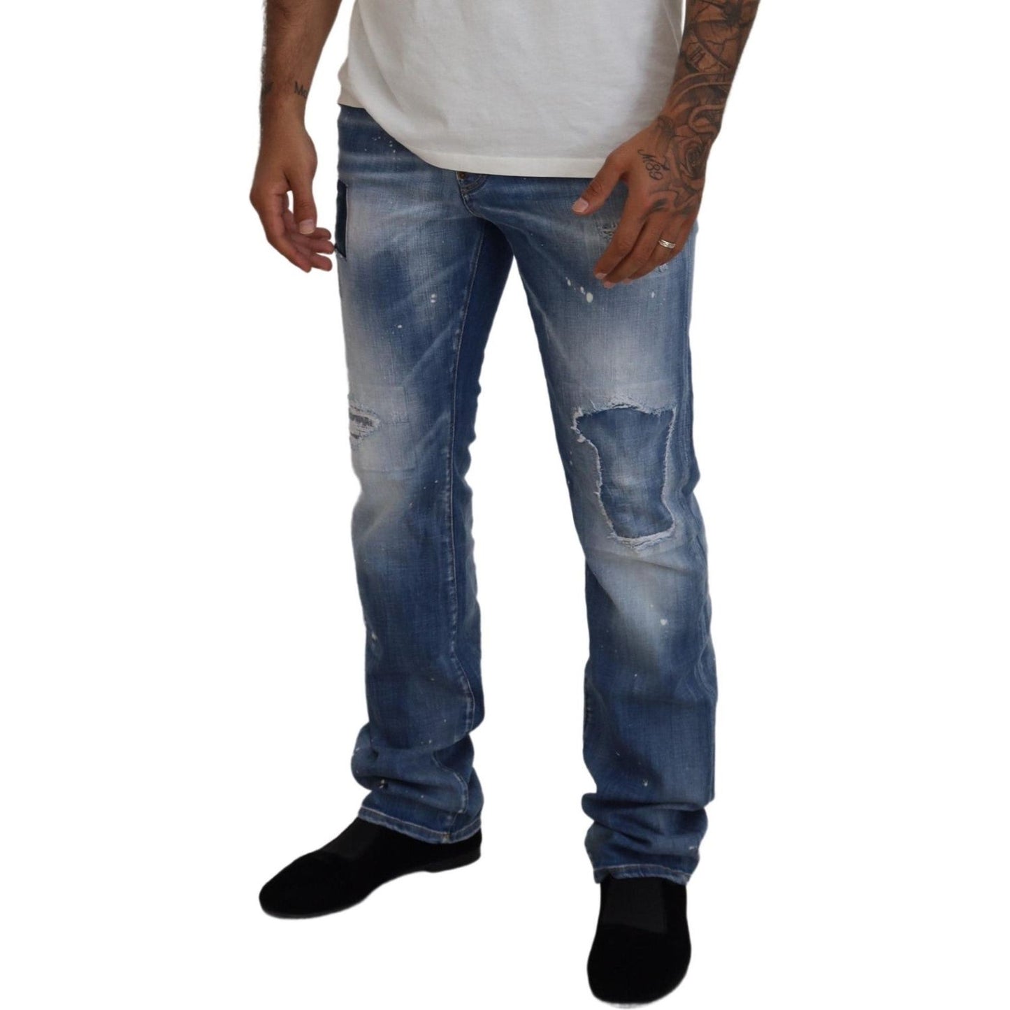 Dsquared² Blue Washed Tattered Straight Fit Casual Denim Jeans Dsquared² Dark Slate Gray
