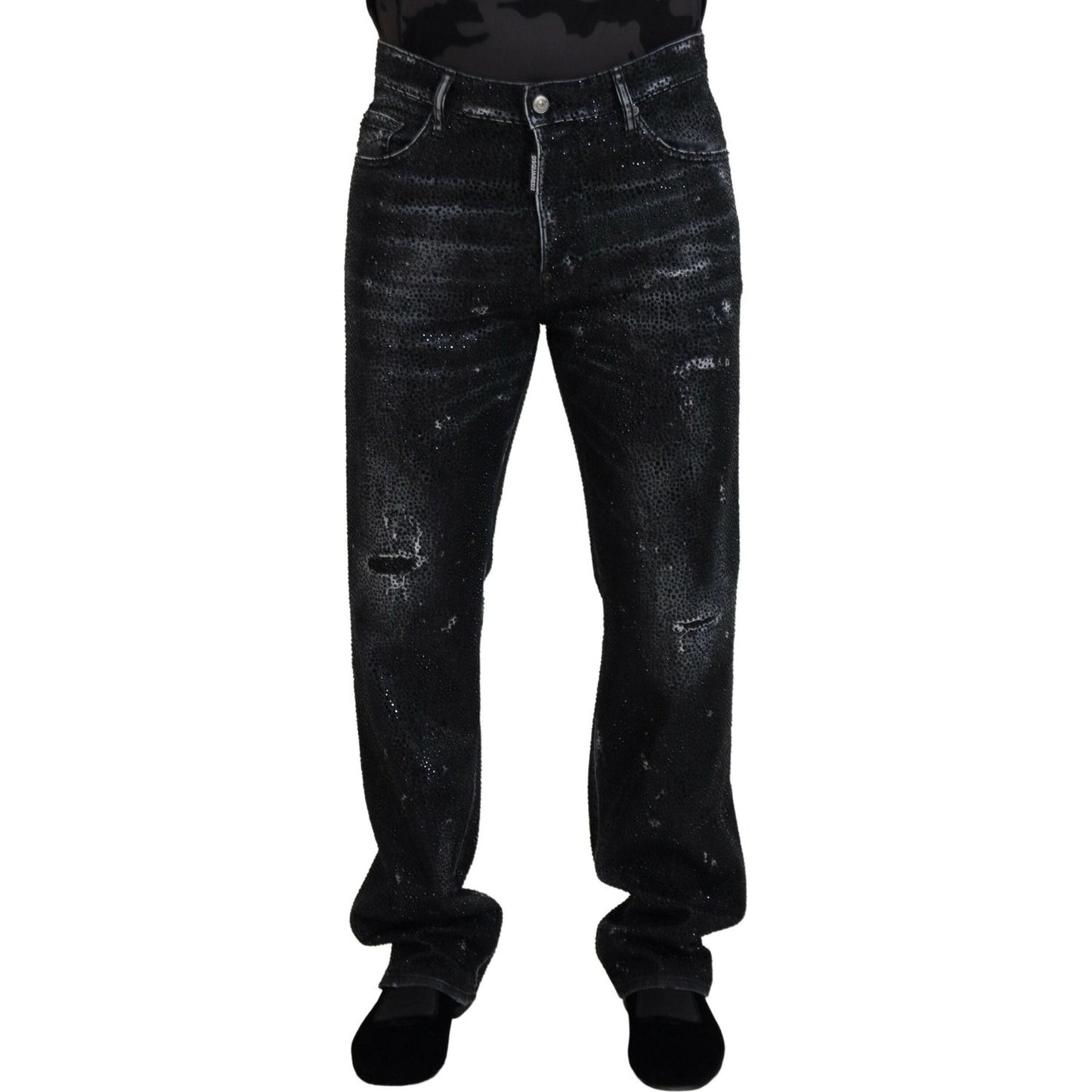 Dsquared² Black Crystal Embellished Tattered Denim Jeans Dsquared² Black