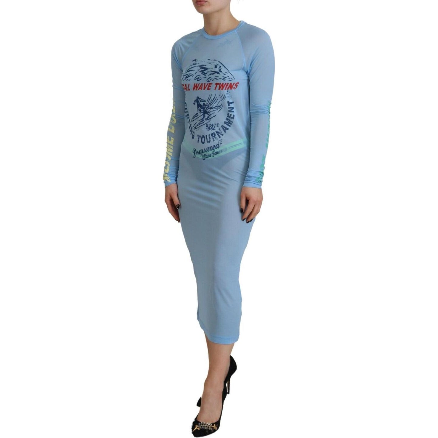 Dsquared² Blue Printed Viscose Long Sleeves Cover Up Dress Dsquared² Light Slate Gray