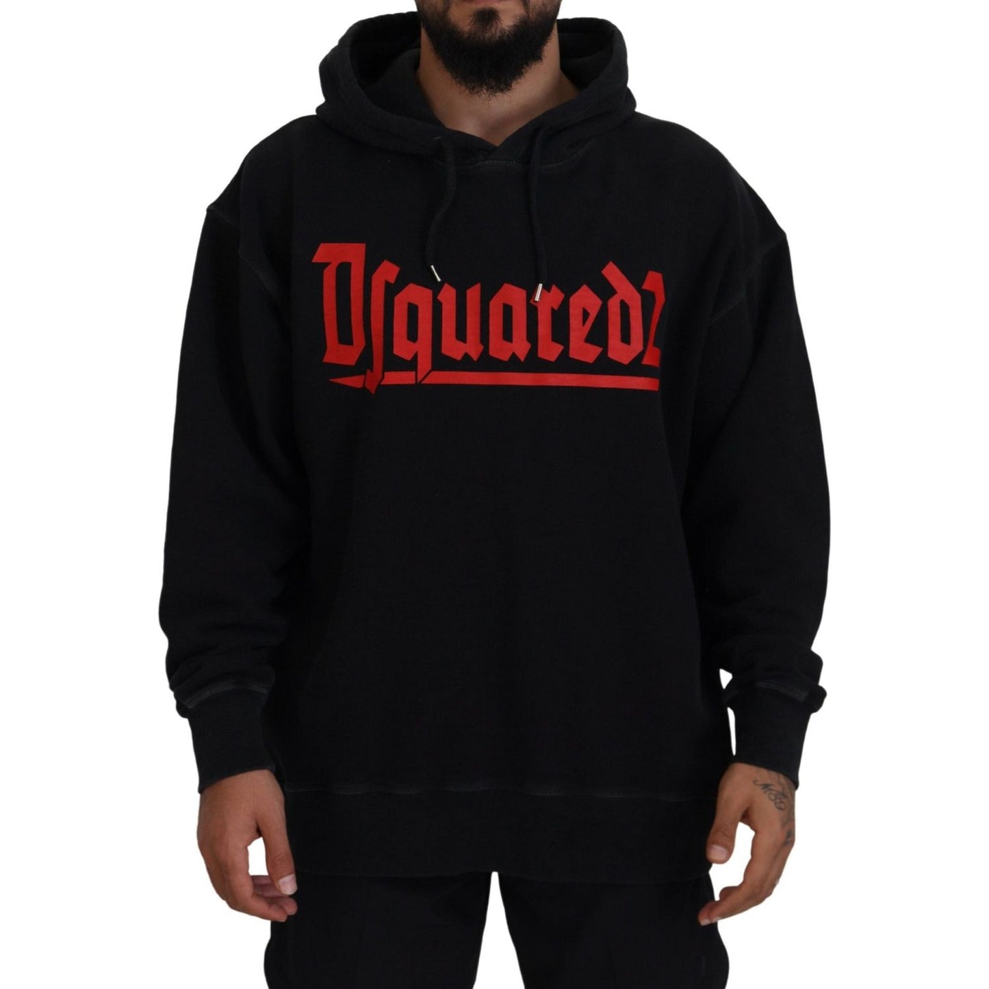 Dsquared² Black Cotton Hooded Printed Men Pullover Sweater Dsquared² Black
