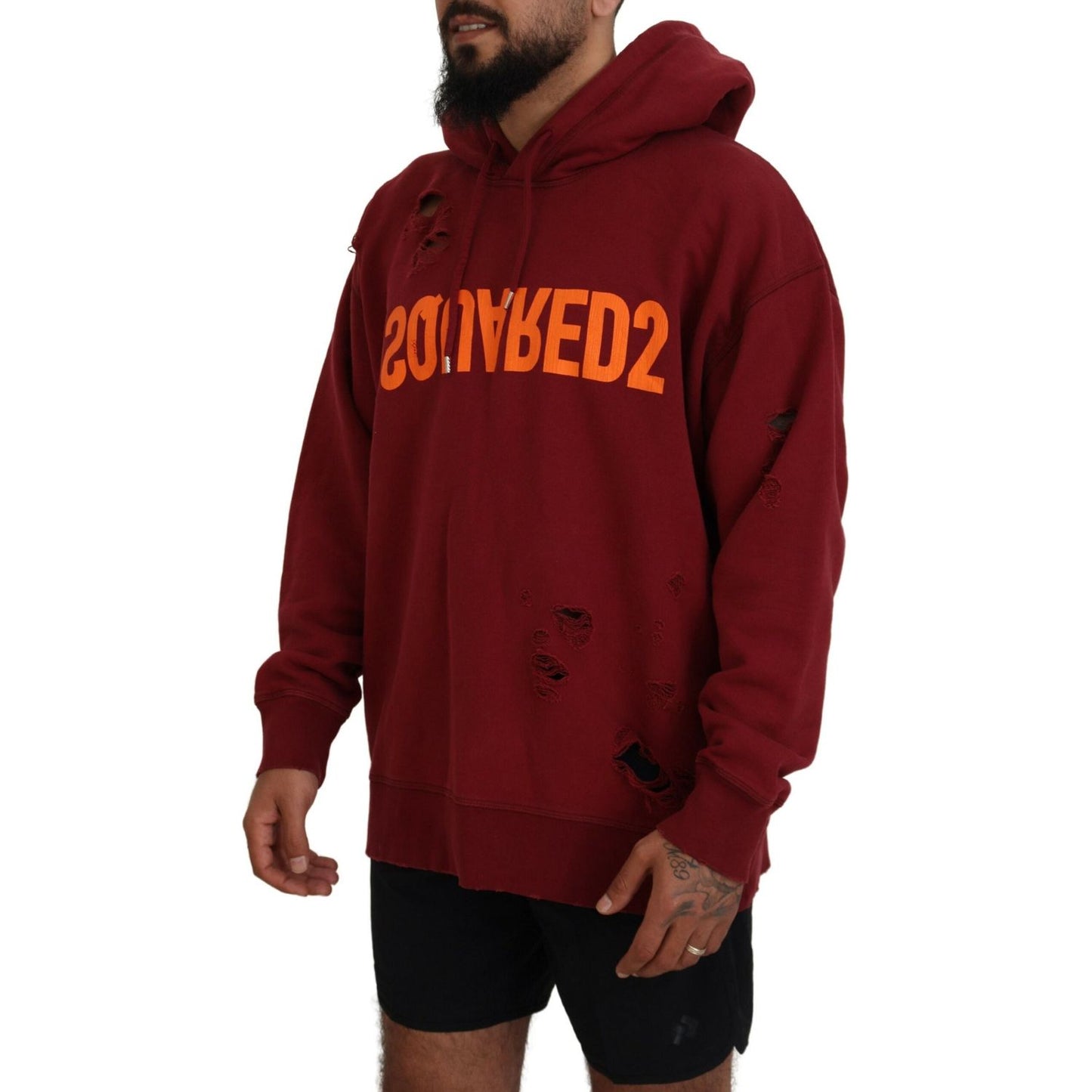 Dsquared² Maroon Cotton Tattered Hooded Printed Pullover Sweater Dsquared² Dark Red