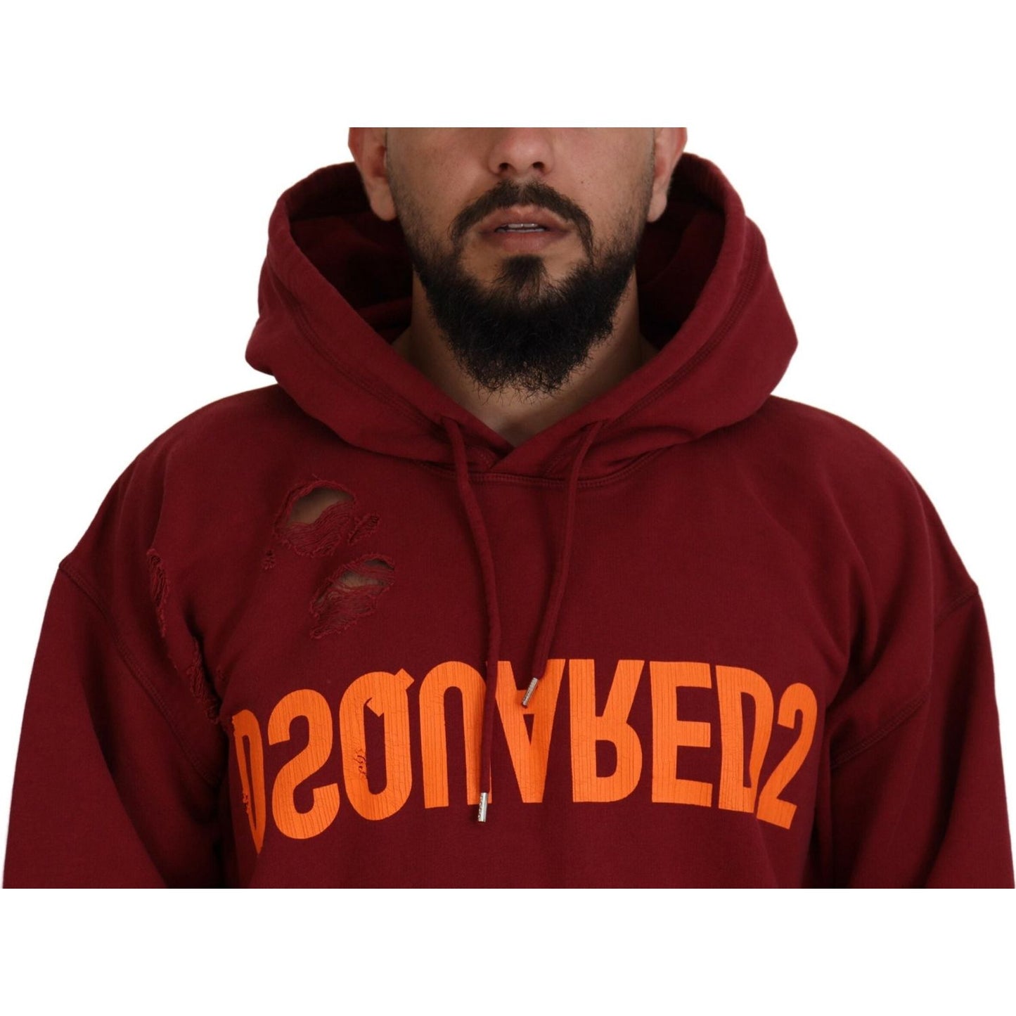Dsquared² Maroon Cotton Tattered Hooded Printed Pullover Sweater Dsquared² Dark Red