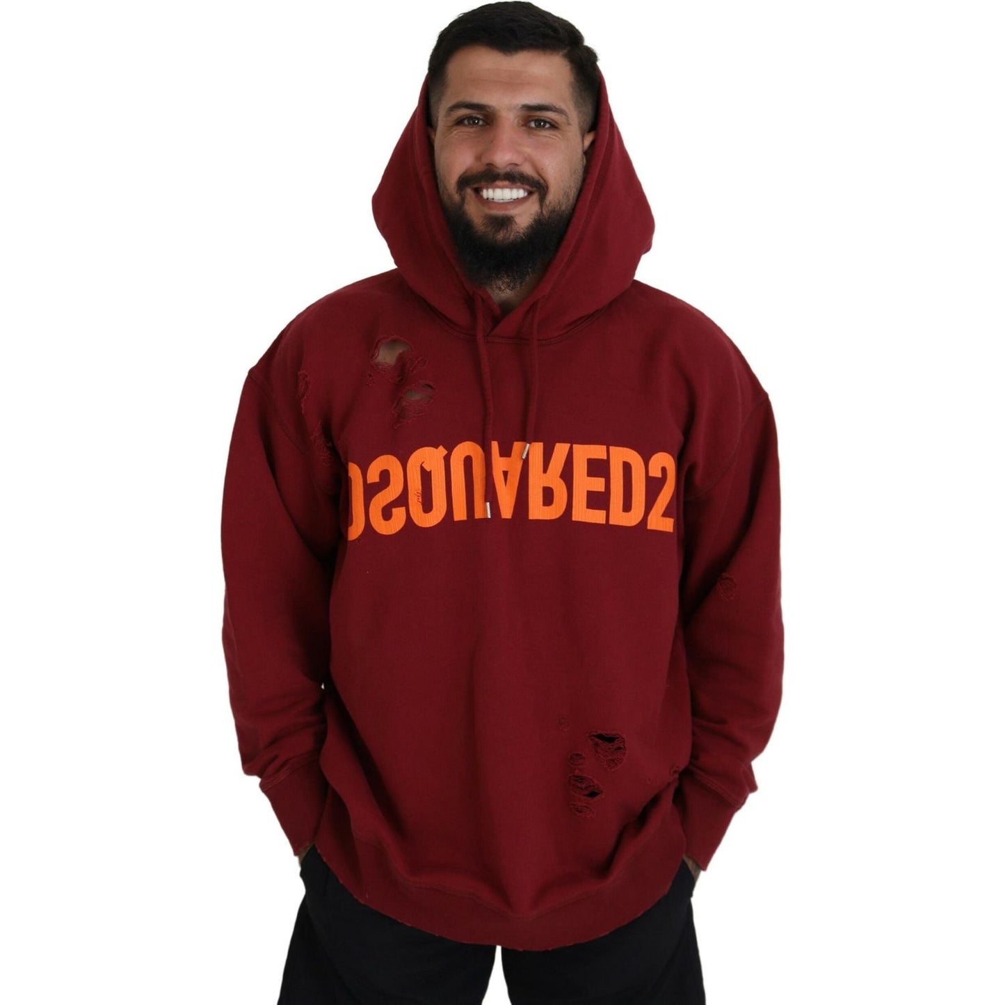 Dsquared² Maroon Cotton Tattered Hooded Printed Pullover Sweater Dsquared² Dark Red