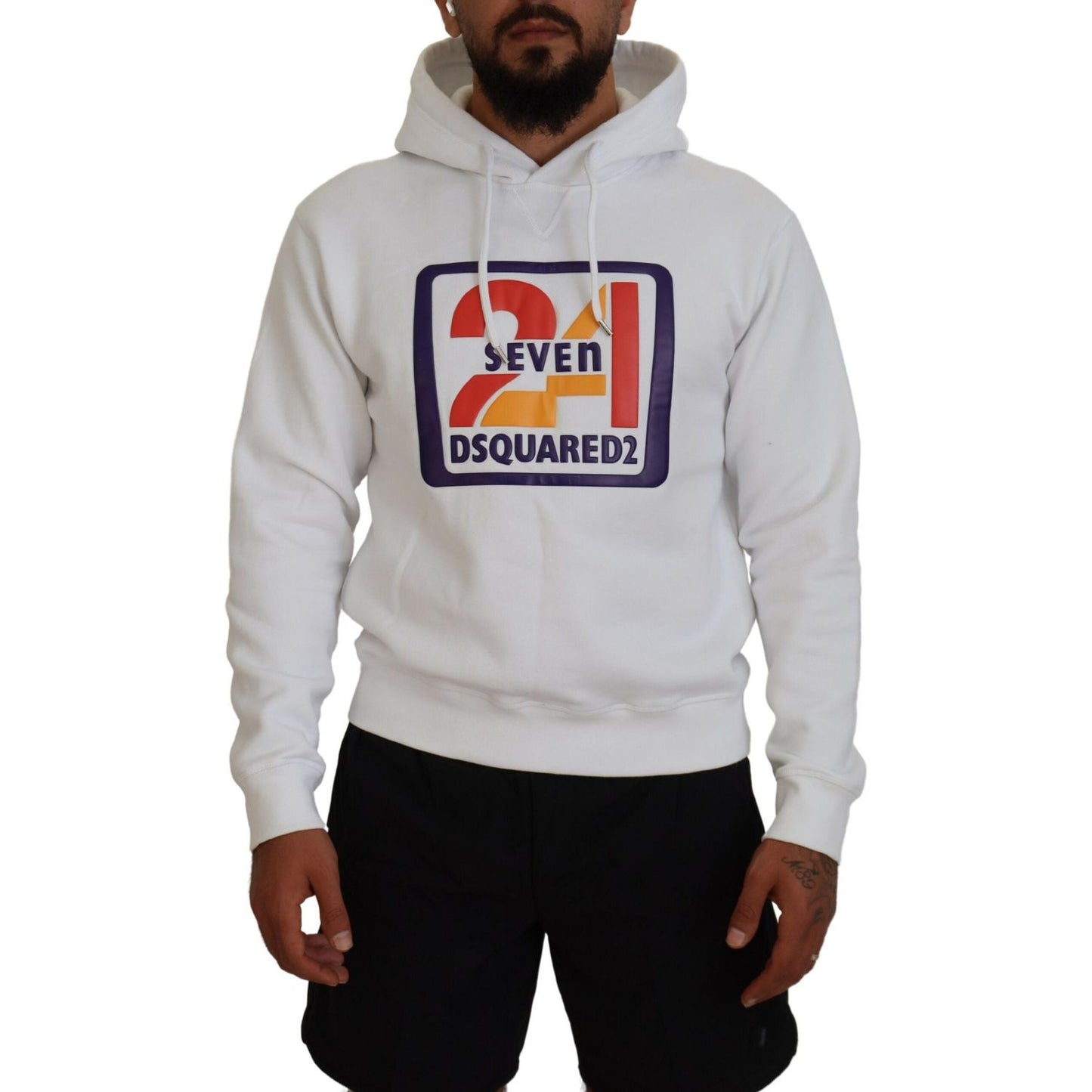 Dsquared² White Cotton Hooded Printed Men Pullover Sweater Dsquared² Gray