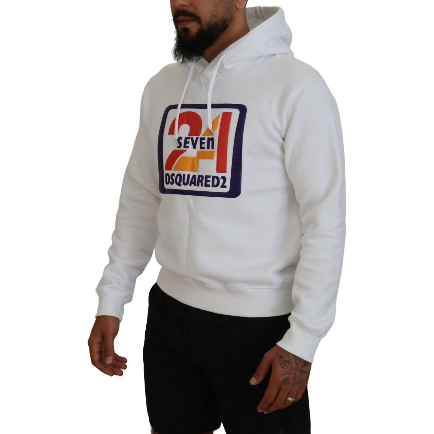 Dsquared² White Cotton Hooded Printed Men Pullover Sweater Dsquared² Gray