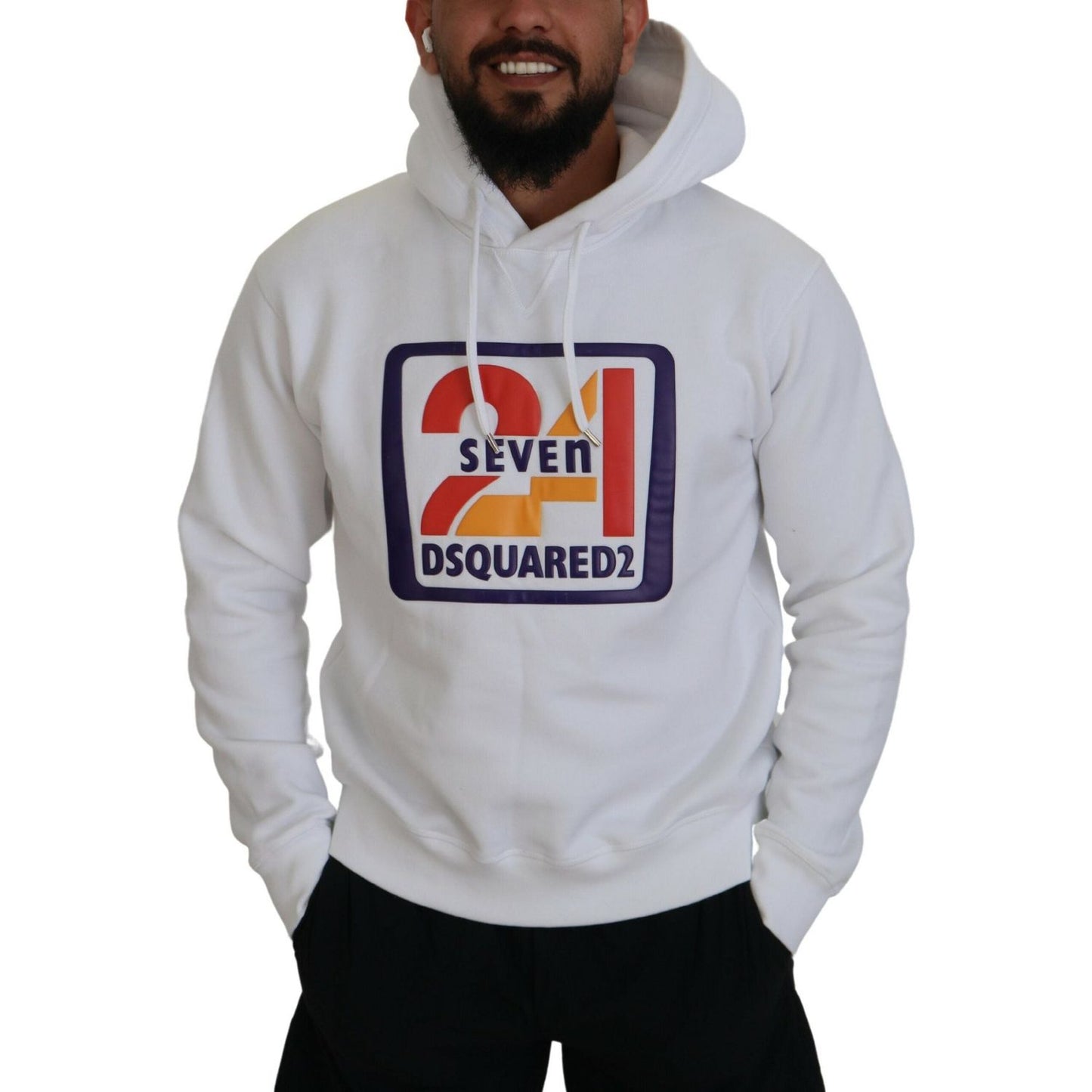 Dsquared² White Cotton Hooded Printed Men Pullover Sweater Dsquared² Gray