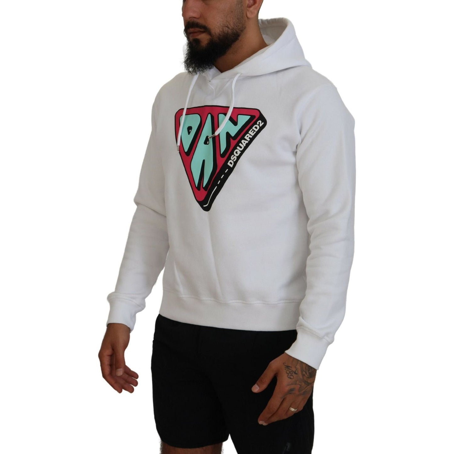 Dsquared² White Cotton Hooded Printed Pullover Sweater Dsquared² Gray