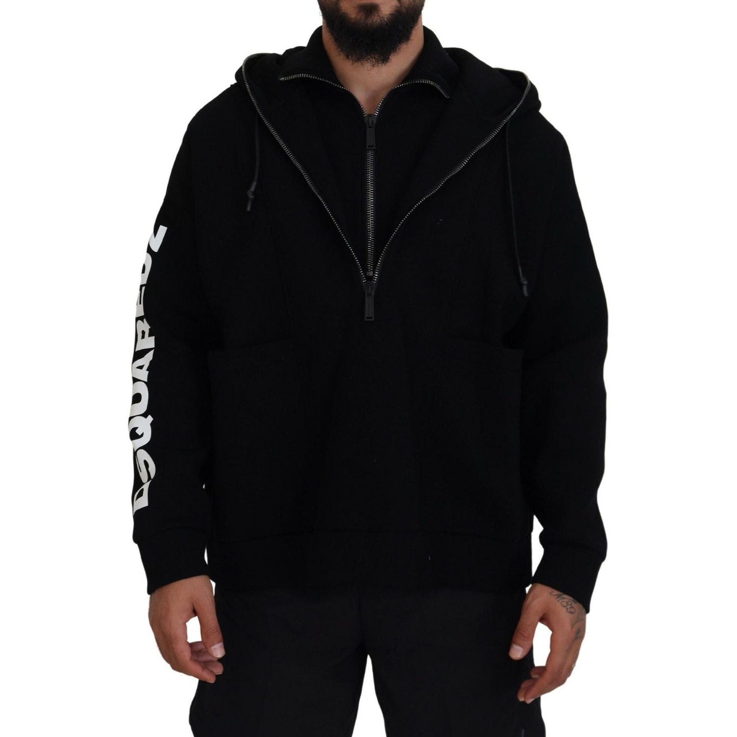 Dsquared² Black Hooded Printed Sleeves Double Zip Sweater Dsquared² Black