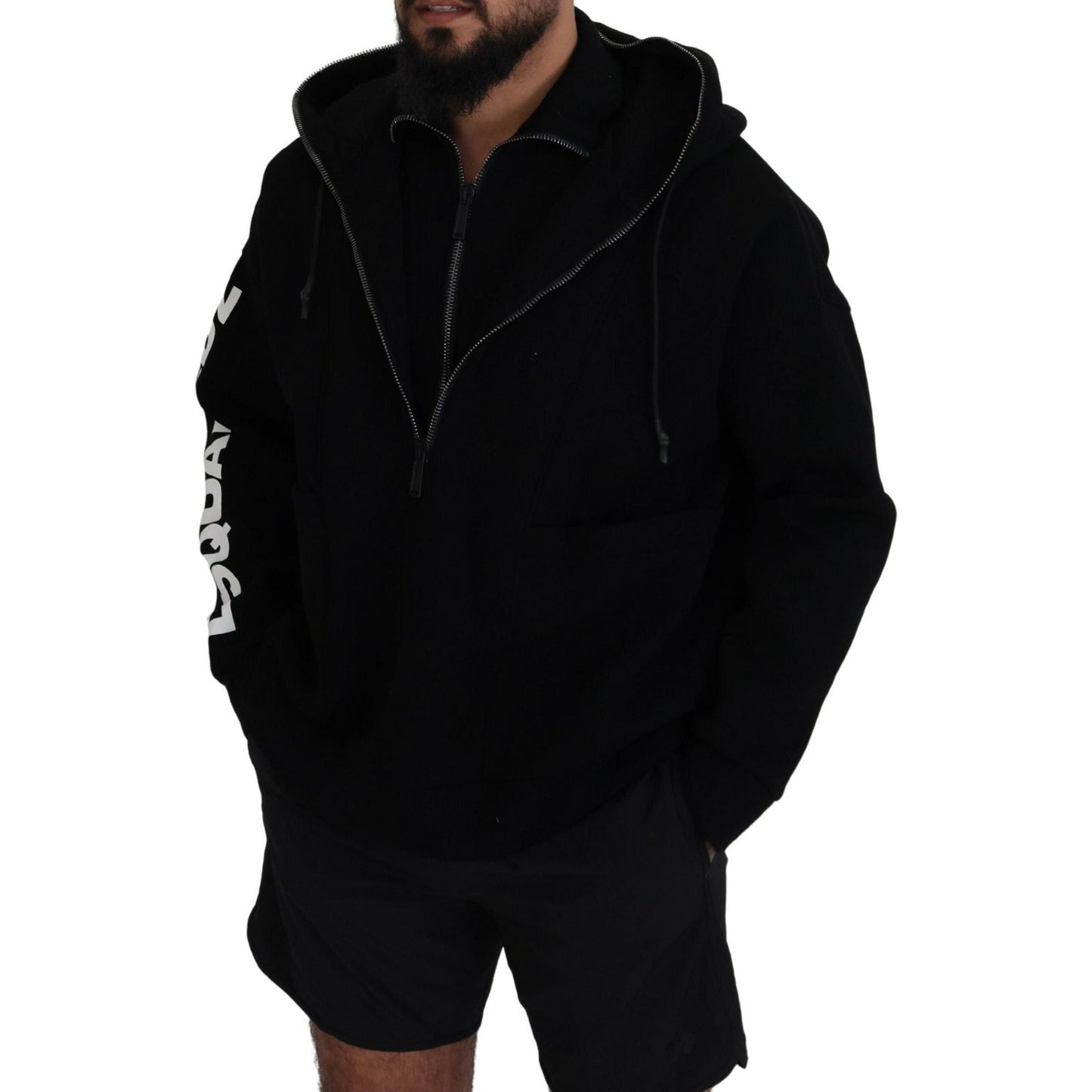 Dsquared² Black Hooded Printed Sleeves Double Zip Sweater Dsquared² Black