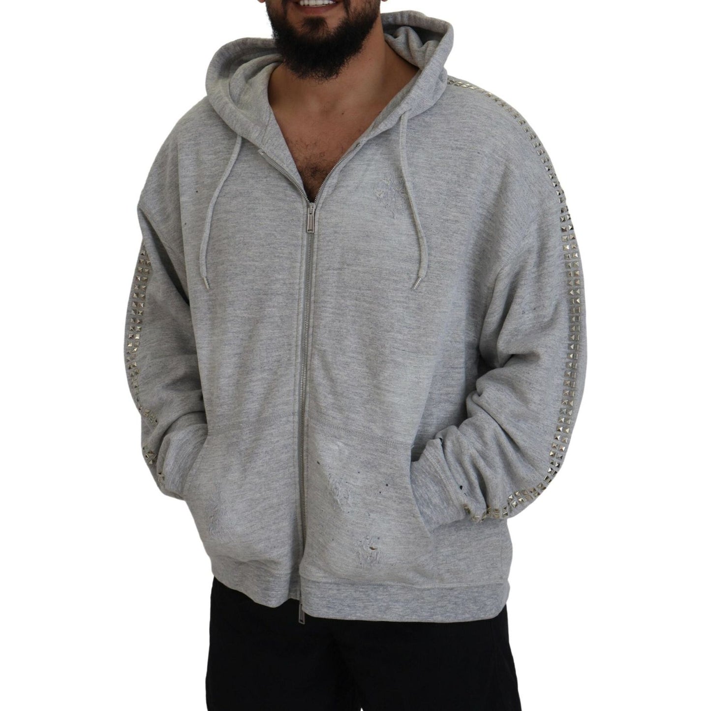 Dsquared² Gray Hooded Printed Crystal Embellishment Sweater Dsquared² Light Slate Gray