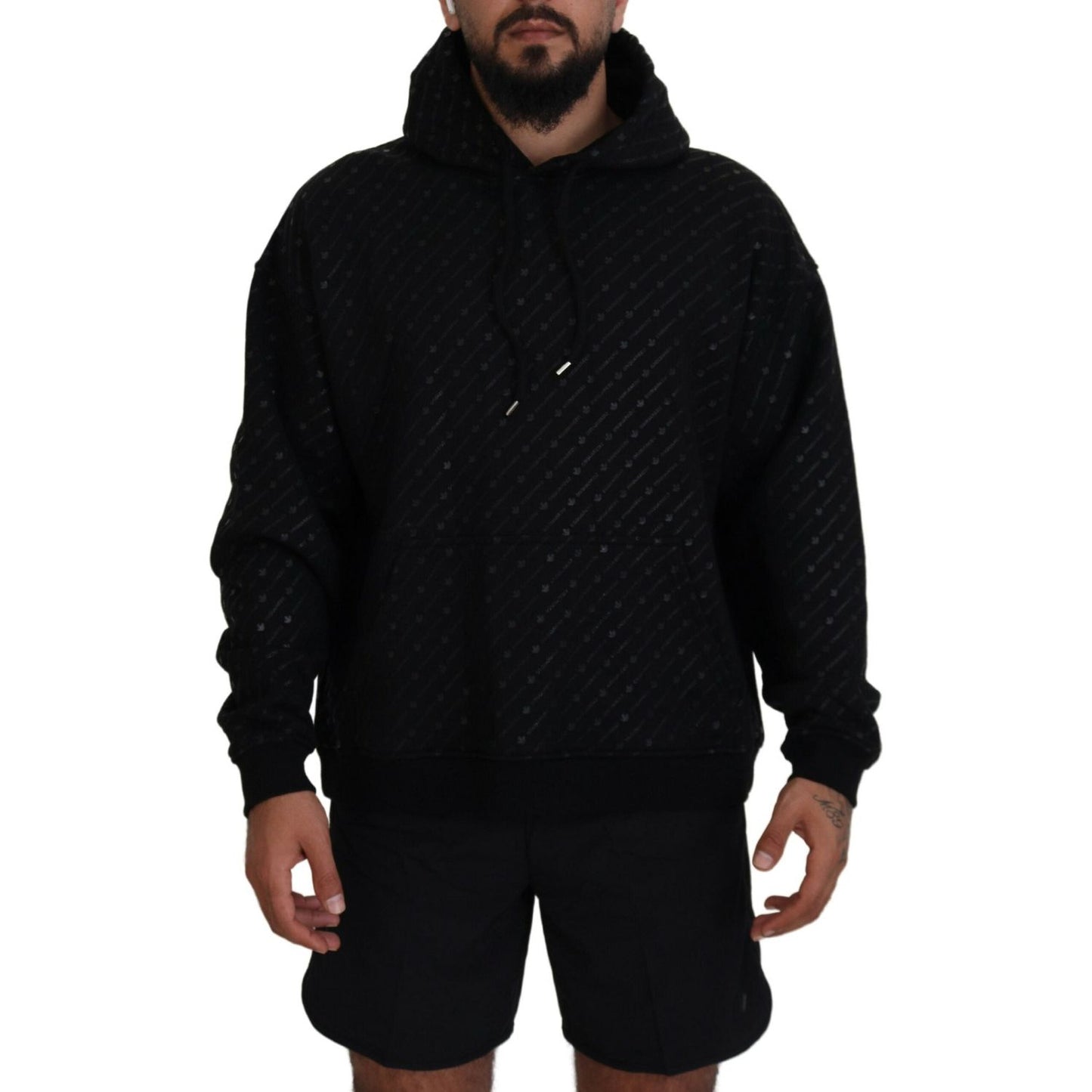 Dsquared² Black Cotton Hooded Printed Men Pullover Sweater Dsquared² Black