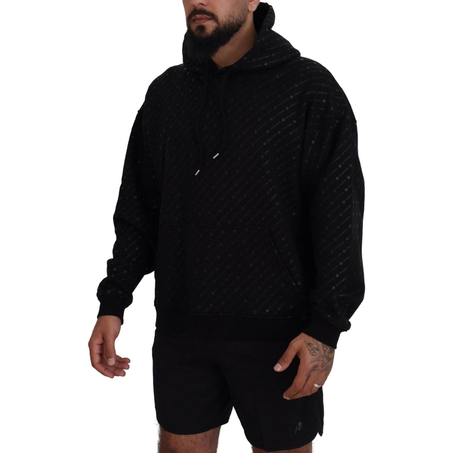 Dsquared² Black Cotton Hooded Printed Men Pullover Sweater Dsquared² Black