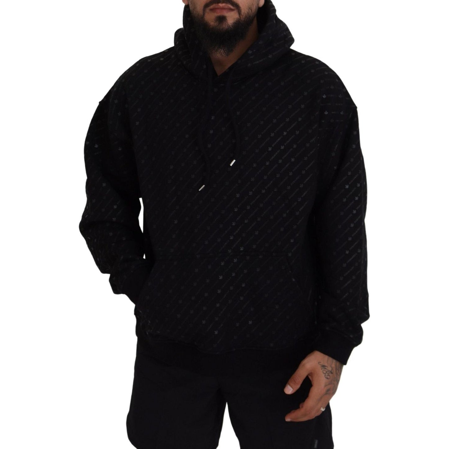 Dsquared² Black Cotton Hooded Printed Men Pullover Sweater Dsquared² Black