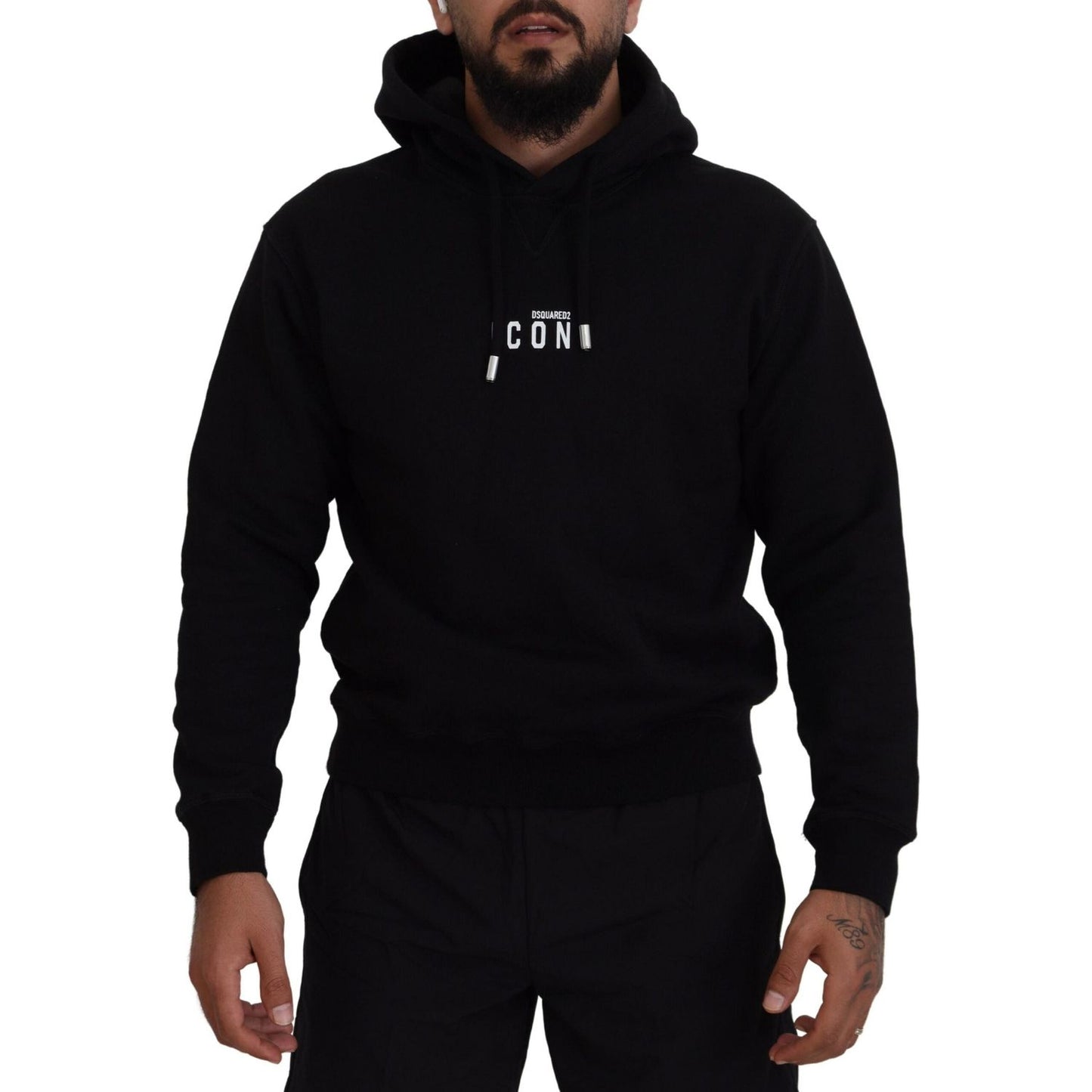 Dsquared² Black Cotton Hooded Printed Men Pullover Sweater Dsquared² Black