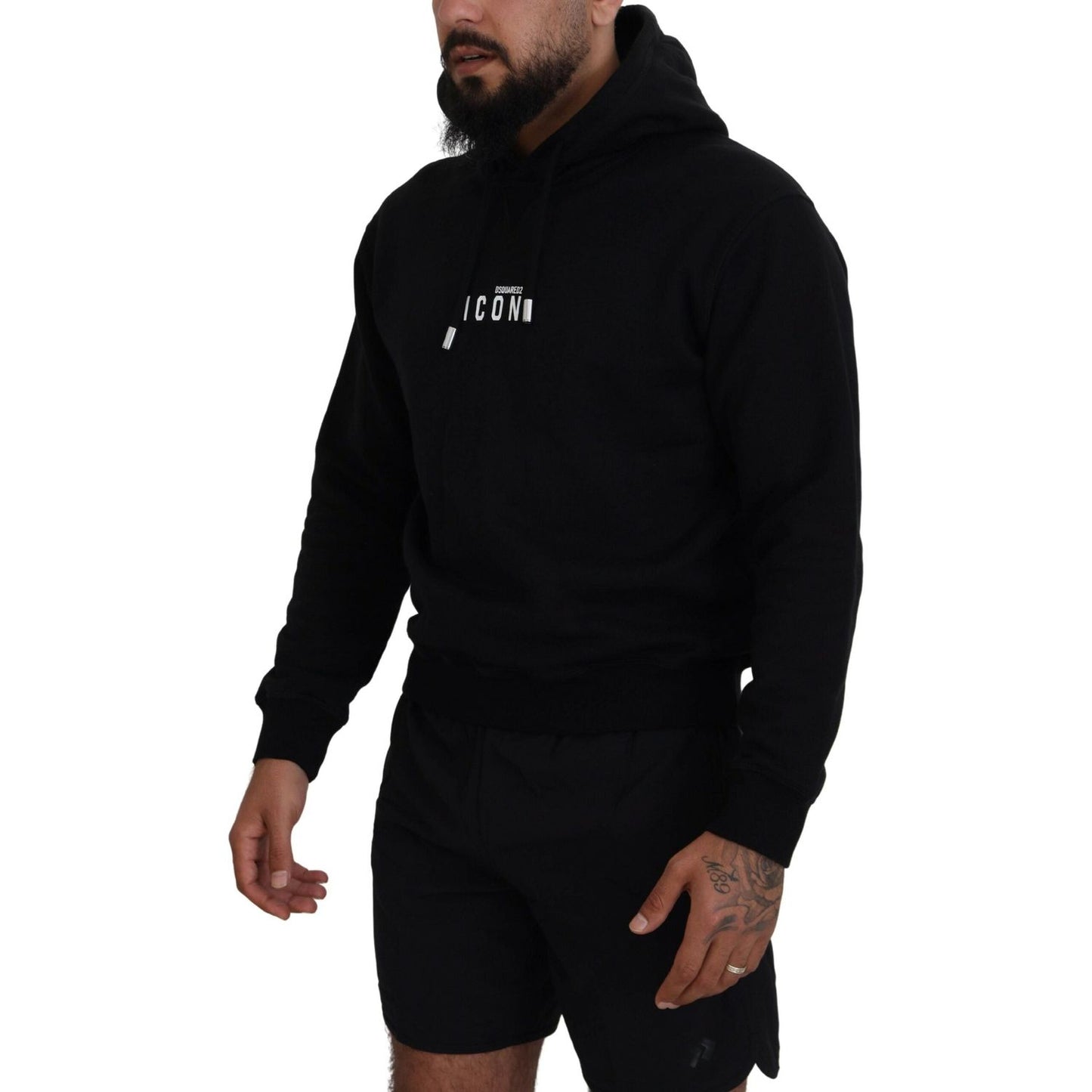 Dsquared² Black Cotton Hooded Printed Men Pullover Sweater Dsquared² Black