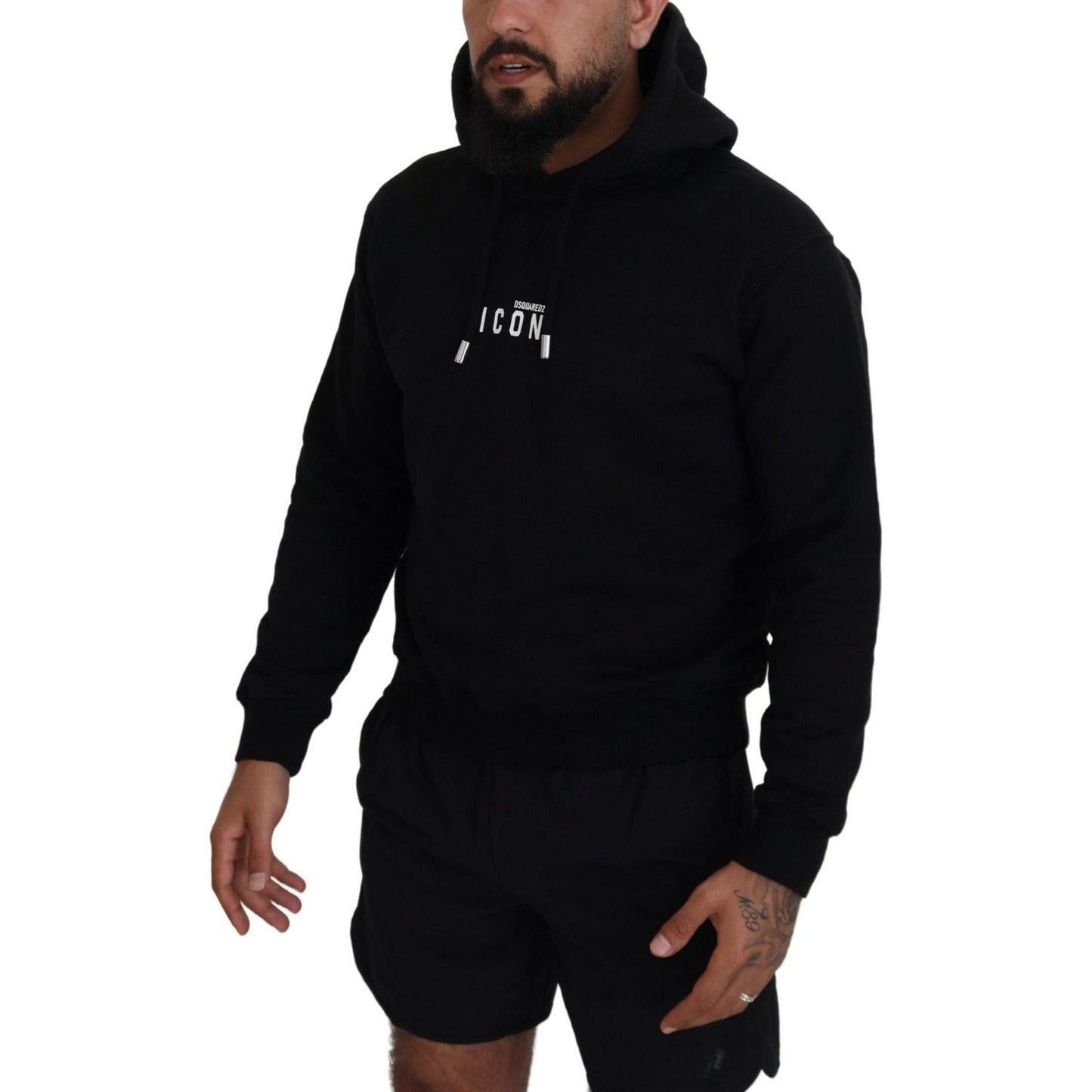 Dsquared² Black Cotton Hooded Printed Men Pullover Sweater Dsquared² Black
