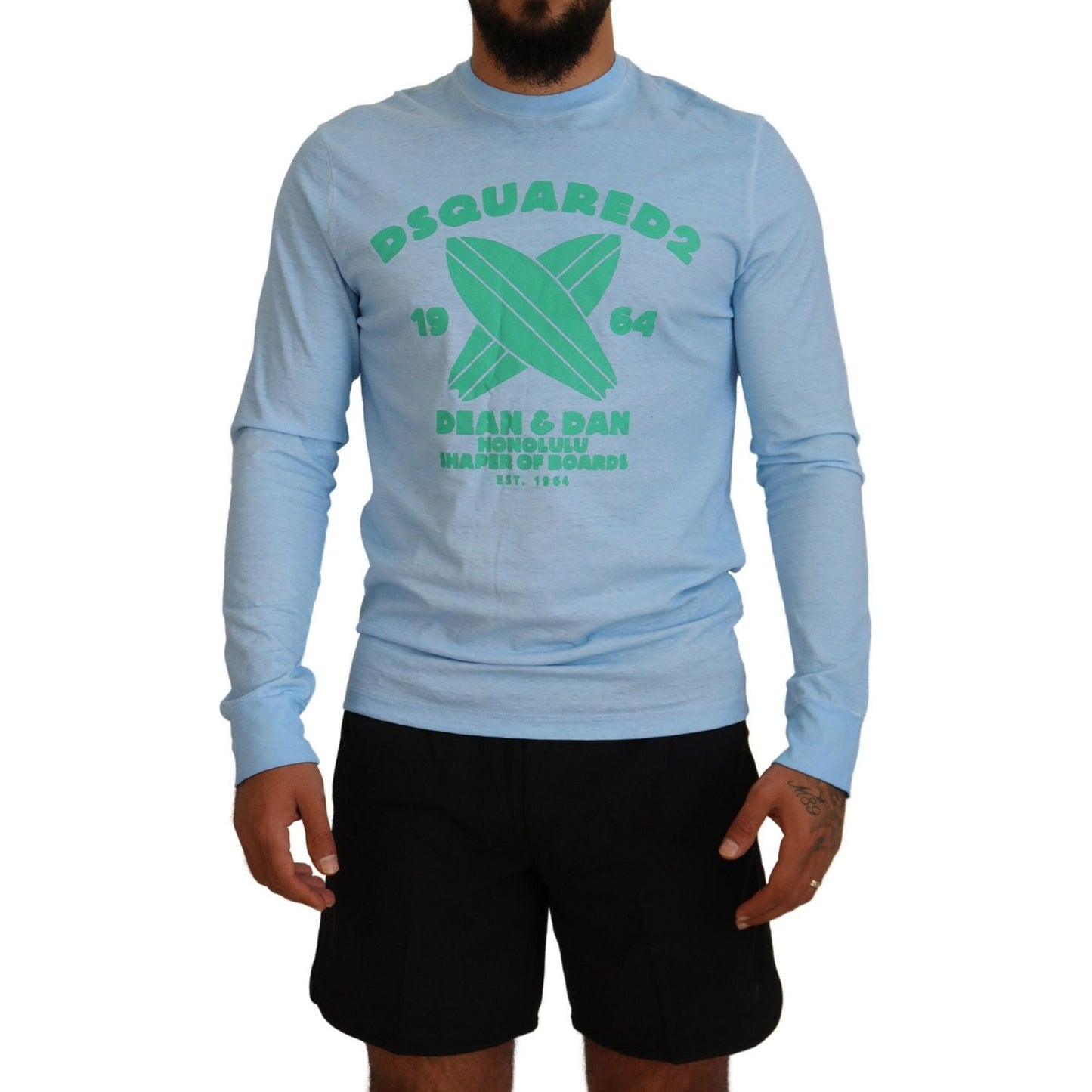 Dsquared² Light Blue Printed Long Sleeves Men Sweater Dsquared² Light Slate Gray