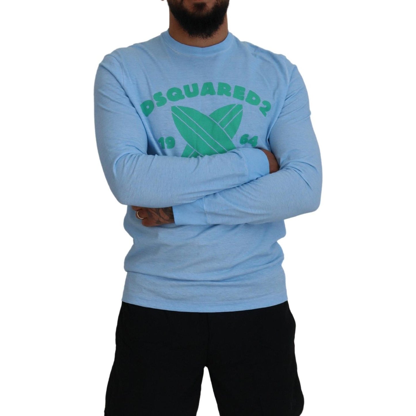 Dsquared² Light Blue Printed Long Sleeves Men Sweater Dsquared² Cadet Blue