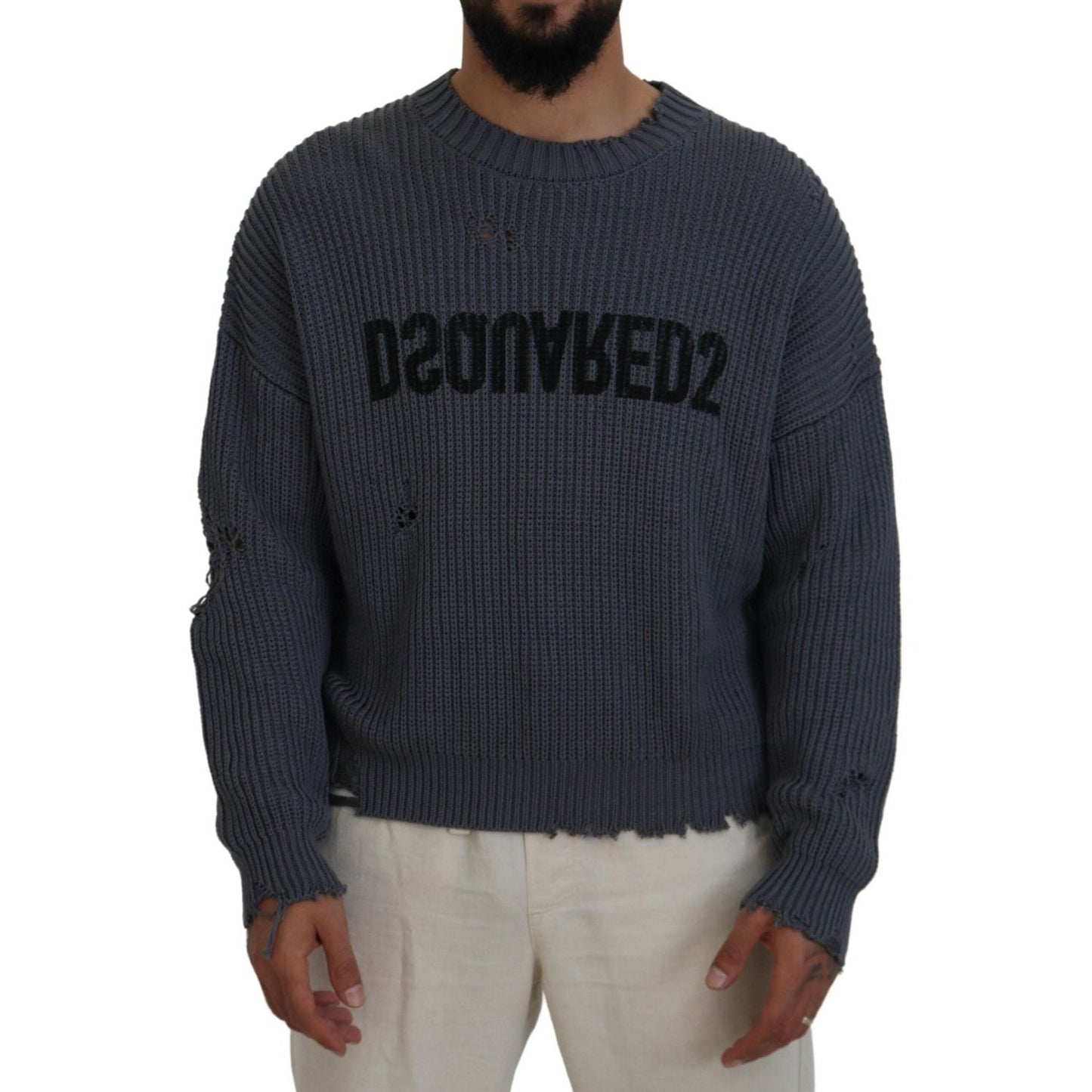 Dsquared² Gray Men Tattered Knitted Pullover Sweater Dsquared² Dark Slate Gray