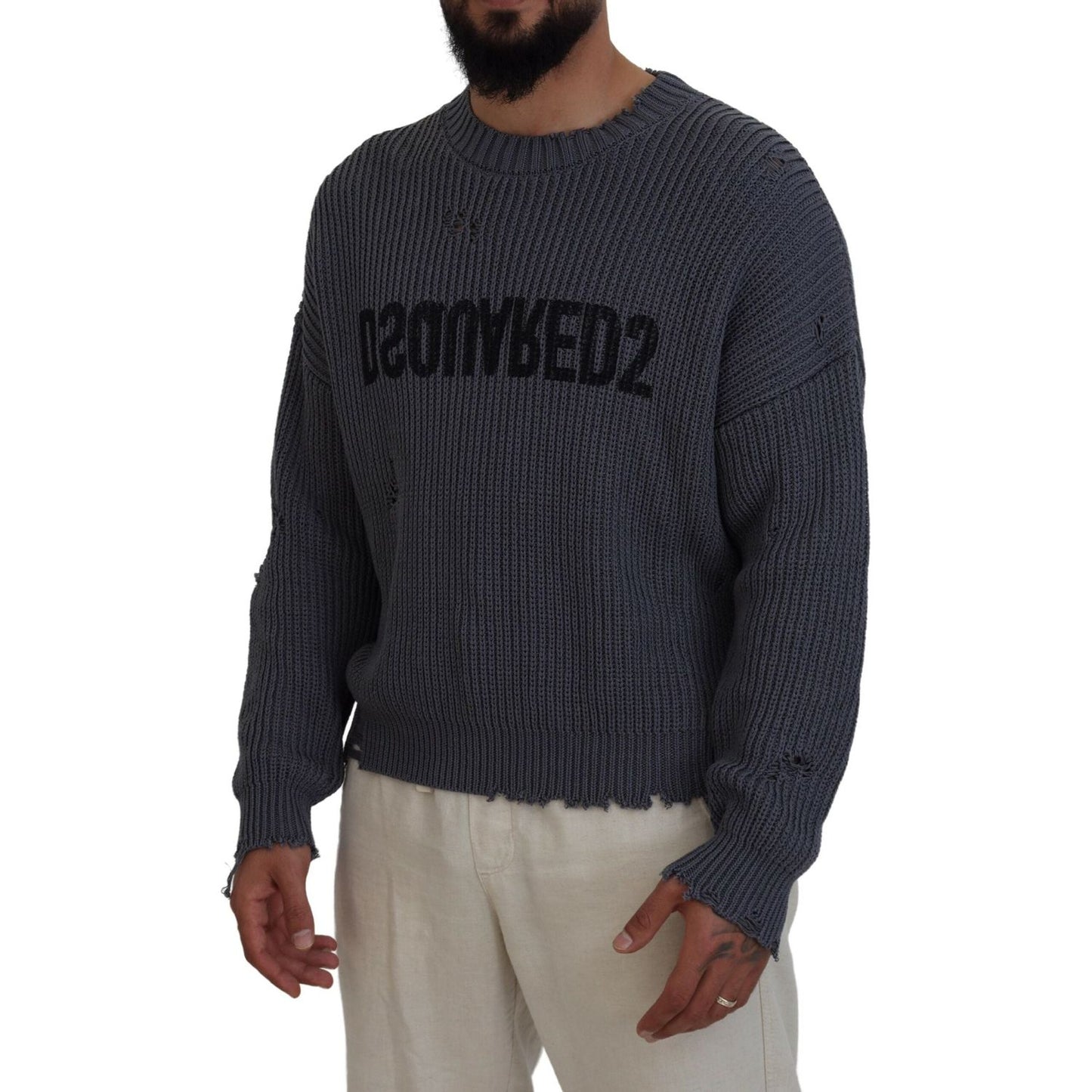 Dsquared² Gray Men Tattered Knitted Pullover Sweater Dsquared² Dark Slate Gray