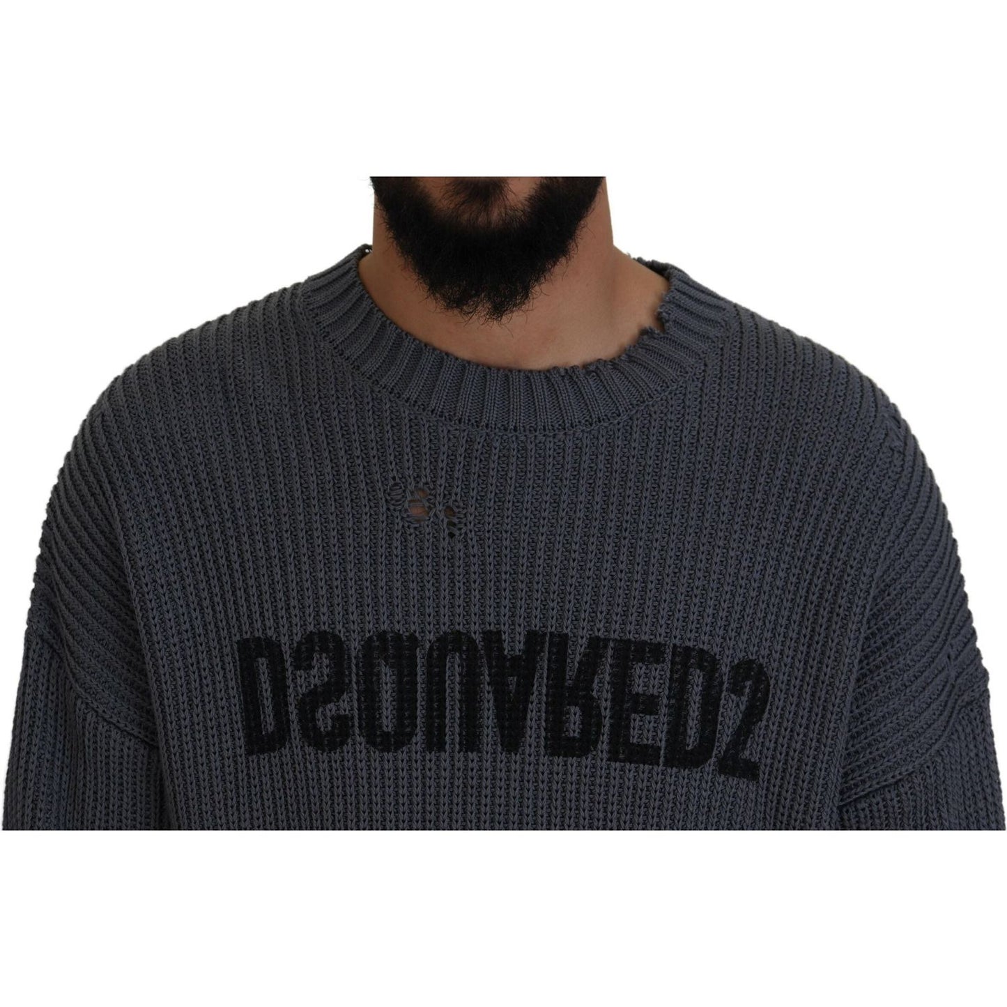 Dsquared² Gray Men Tattered Knitted Pullover Sweater Dsquared² Dark Slate Gray