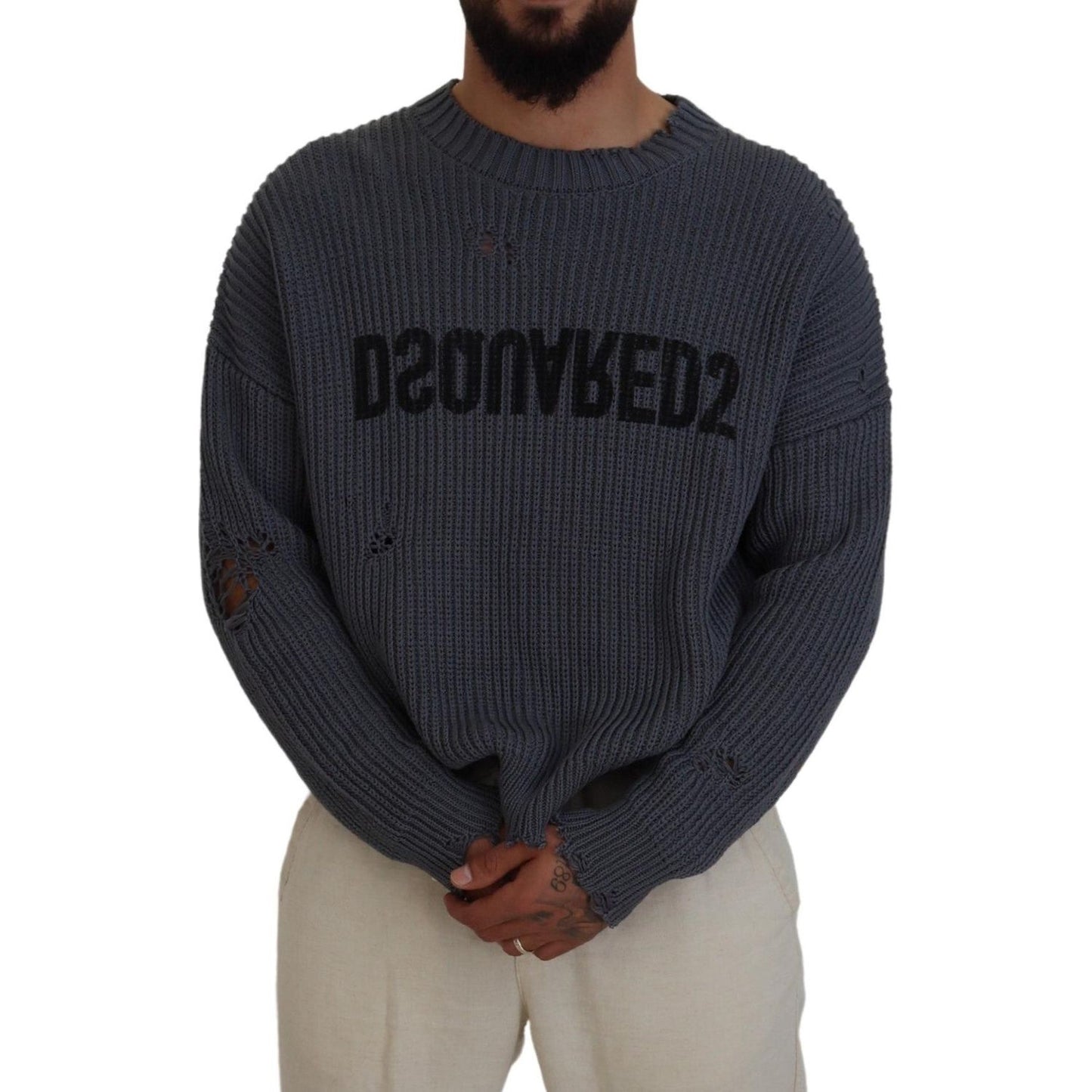 Dsquared² Gray Men Tattered Knitted Pullover Sweater Dsquared² Dark Slate Gray