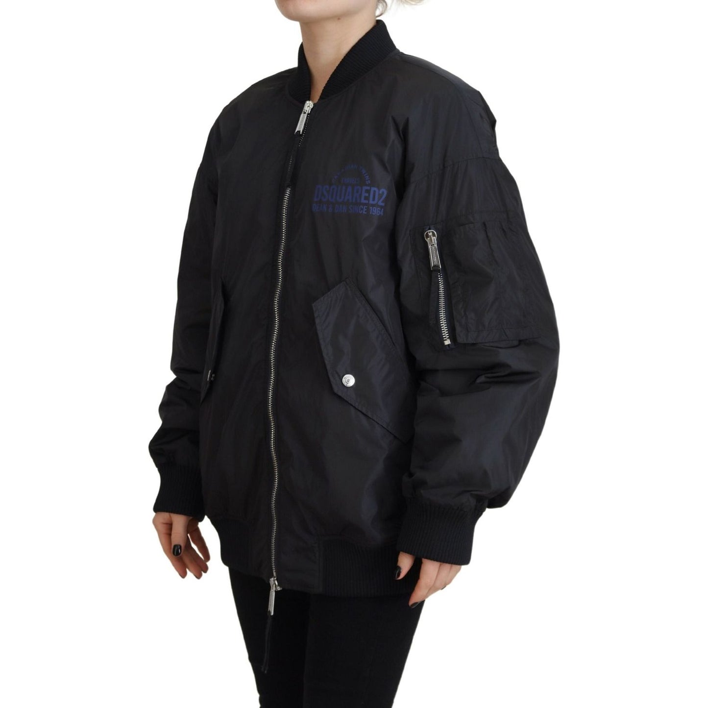 Dsquared² Black Logo Print Full Zip Women Bomber Jacket Dsquared² Black