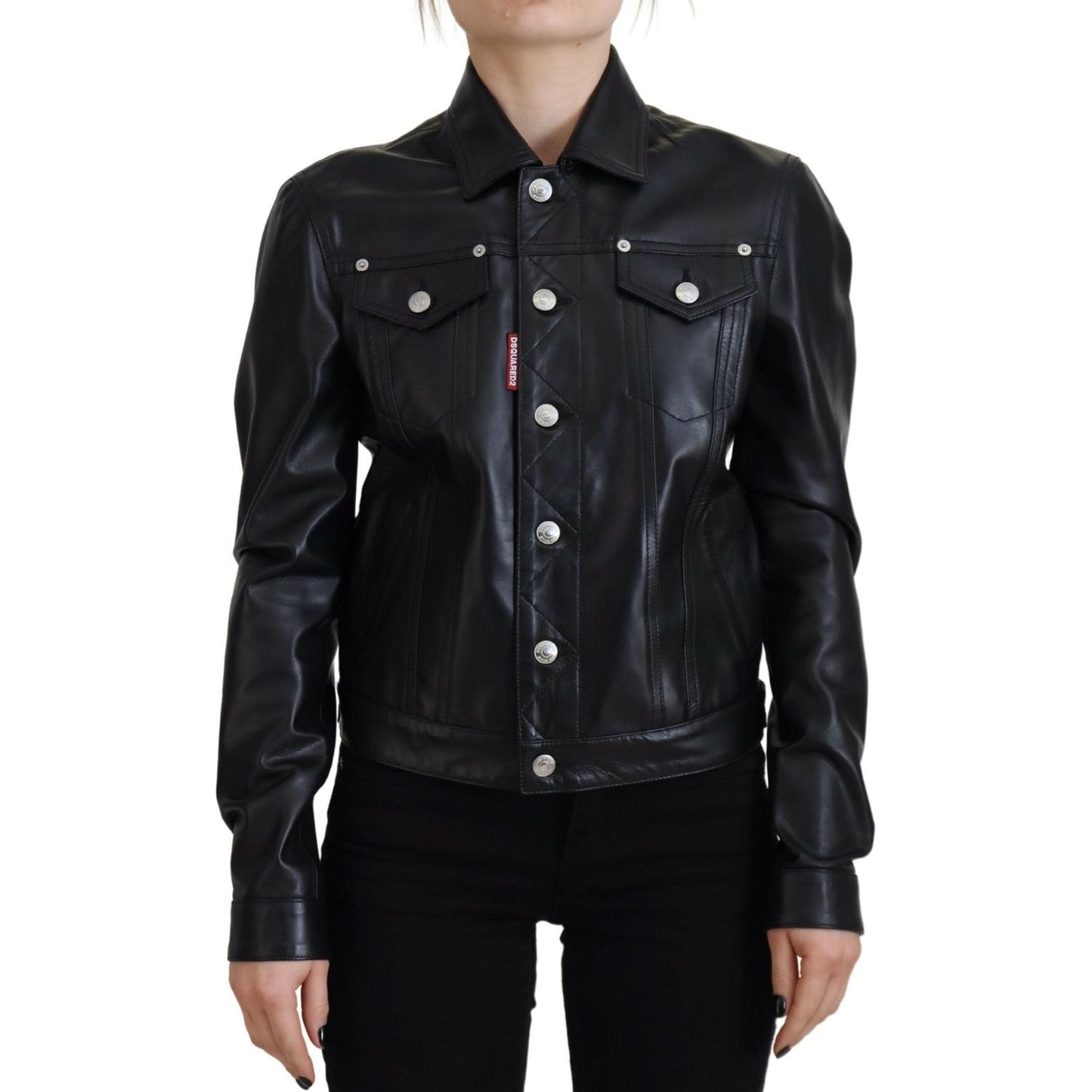 Dsquared² Black Leather Collared Long Sleeves Jacket Dsquared² Black