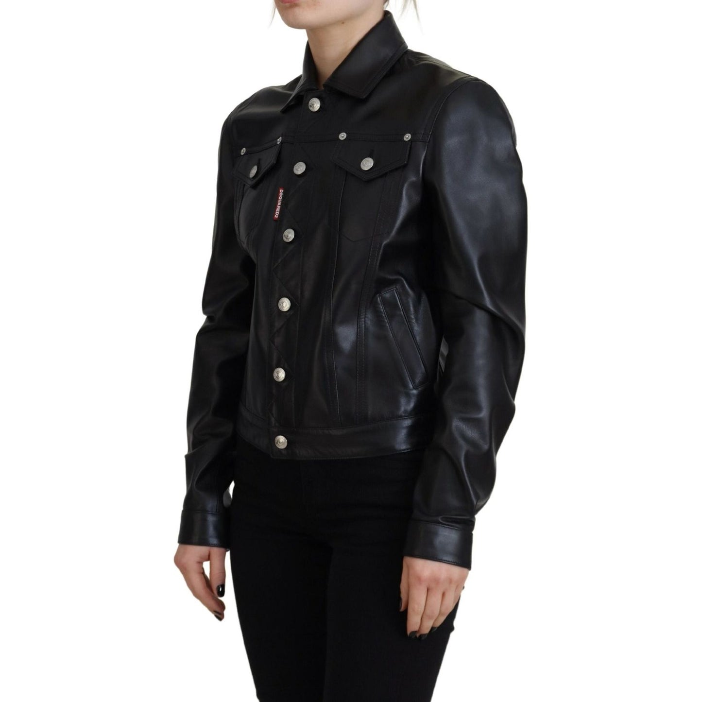 Dsquared² Black Leather Collared Long Sleeves Jacket Dsquared² Black