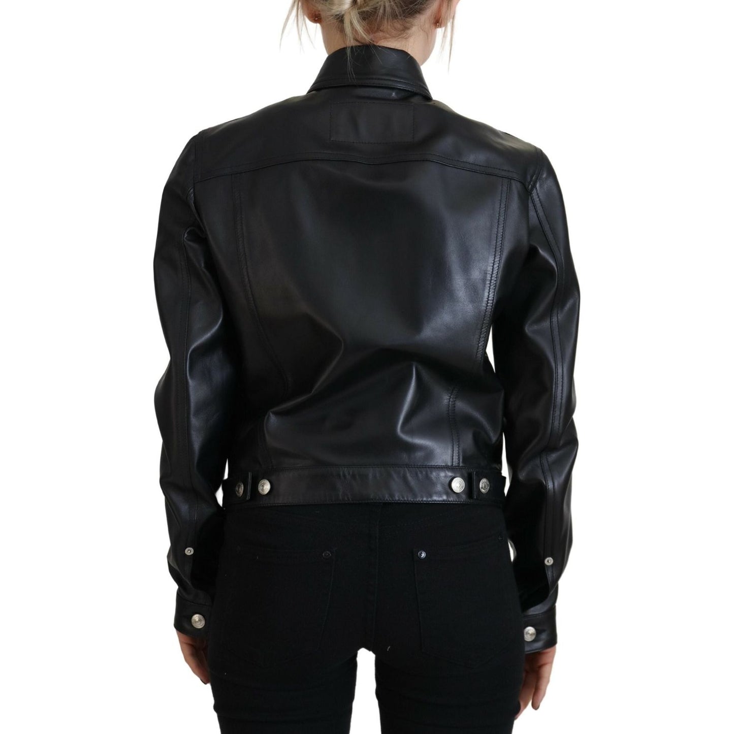 Dsquared² Black Leather Collared Long Sleeves Jacket Dsquared² Black