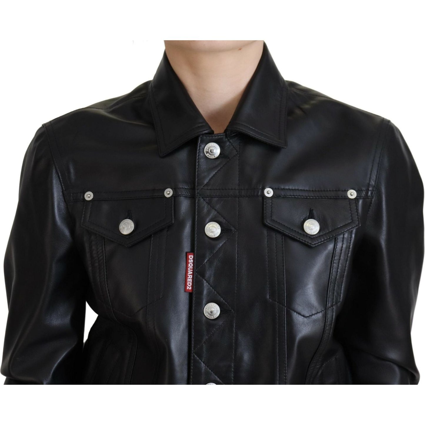 Dsquared² Black Leather Collared Long Sleeves Jacket Dsquared² Black