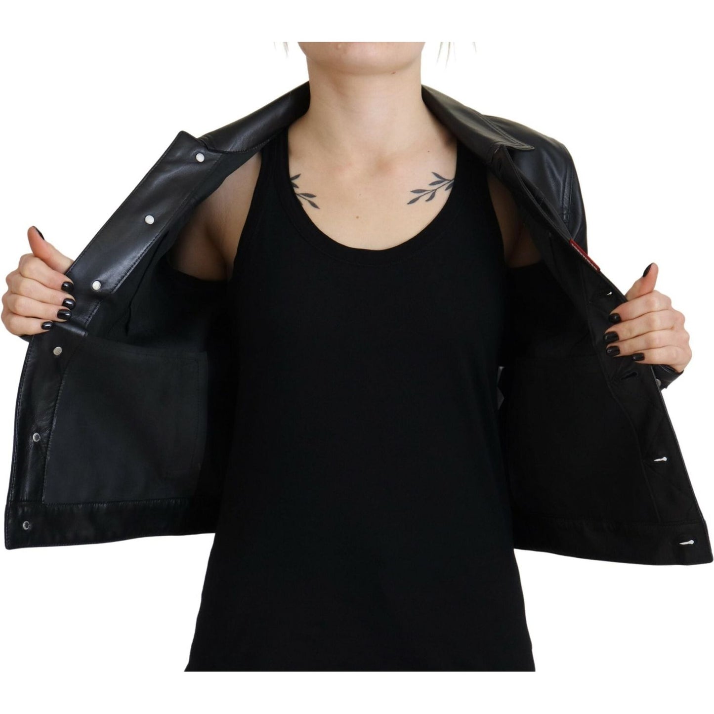 Dsquared² Black Leather Collared Long Sleeves Jacket Dsquared² Black