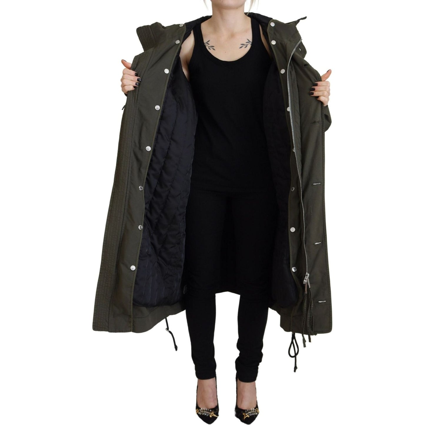 Dsquared² Green Hooded Full Zip Long Parka Coat Jacket Dsquared² Black