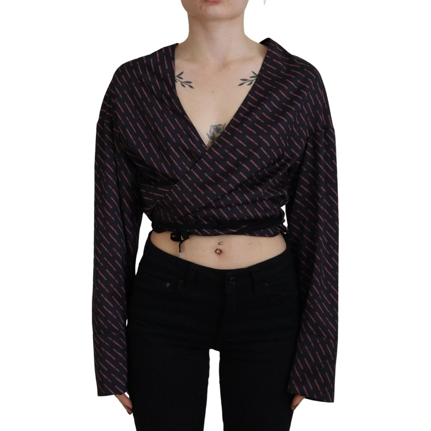 Dsquared² Black Polyester Cropped Logo Printed Blouse Top Dsquared² Black