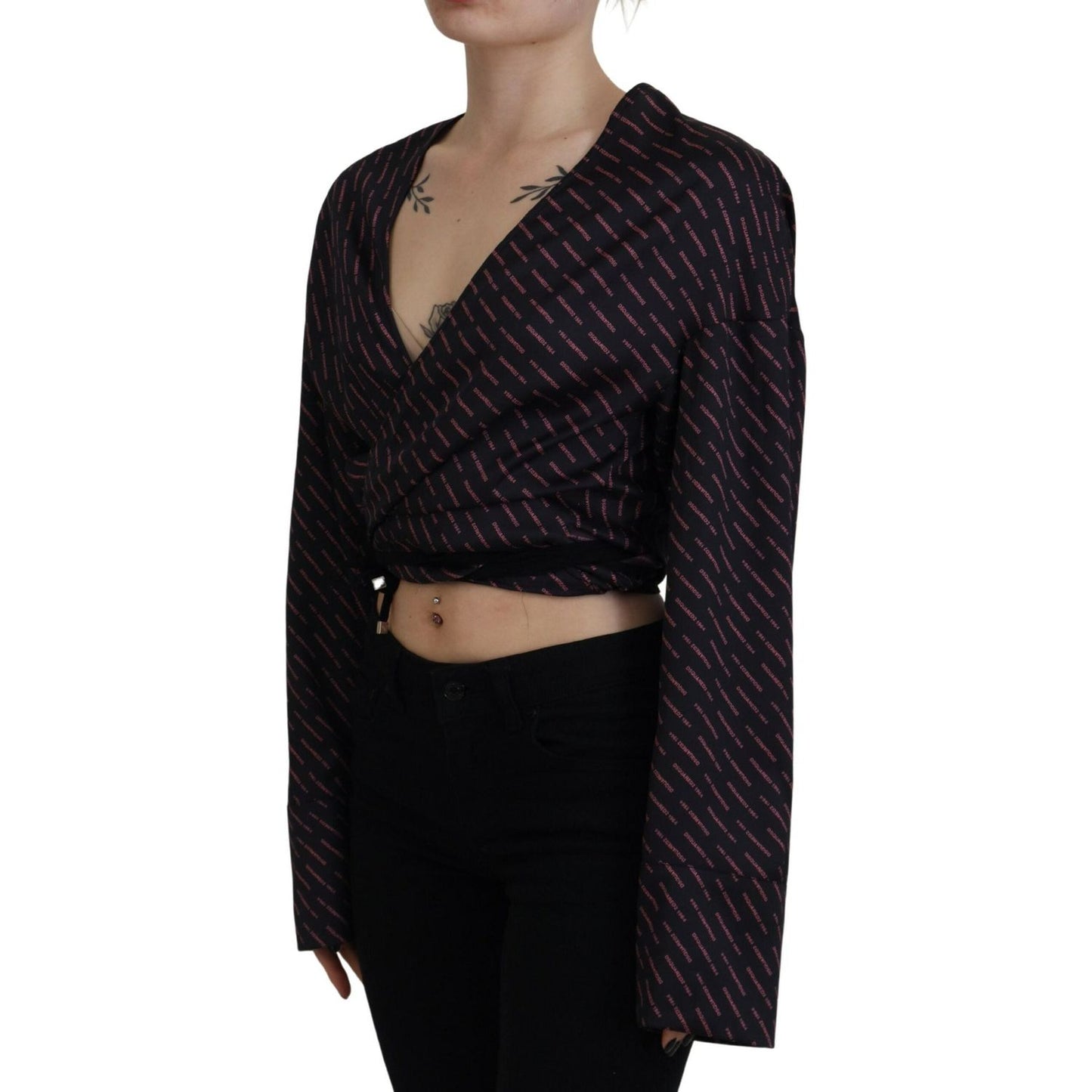 Dsquared² Black Polyester Cropped Logo Printed Blouse Top Dsquared² Black