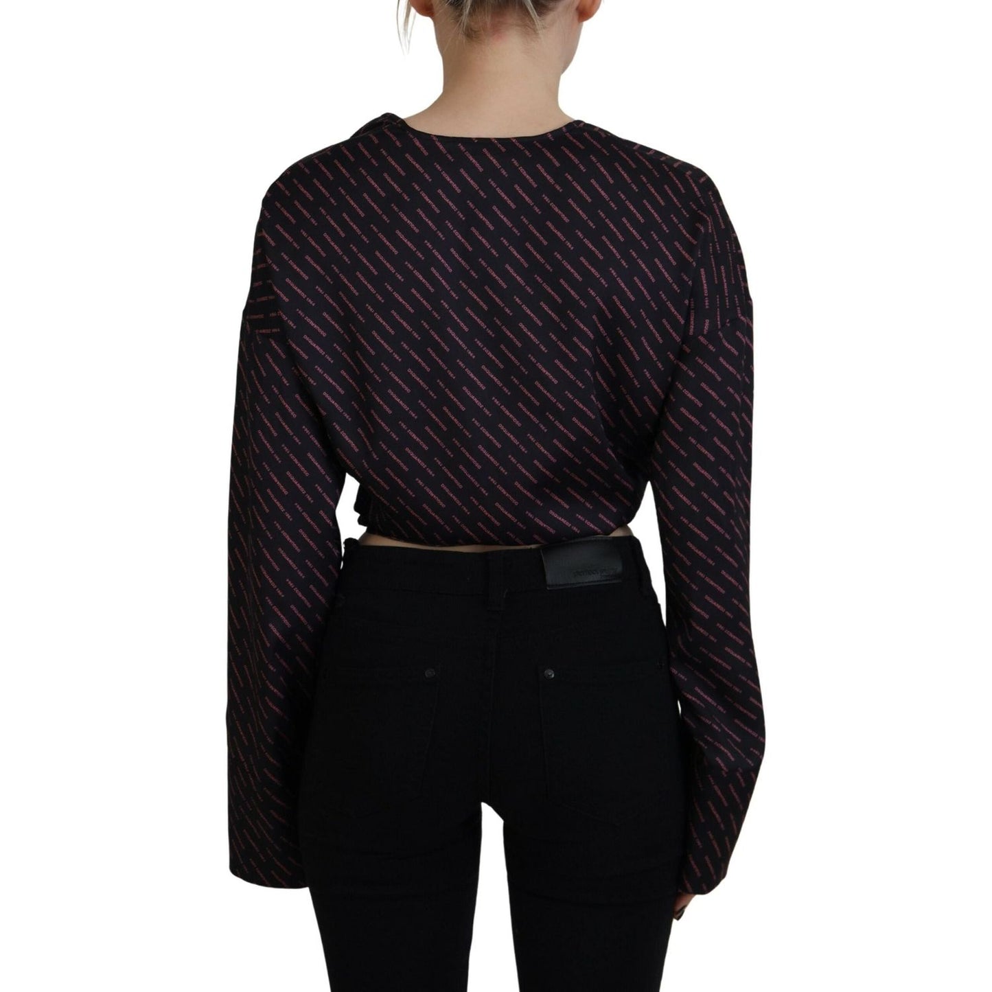 Dsquared² Black Polyester Cropped Logo Printed Blouse Top Dsquared² Black