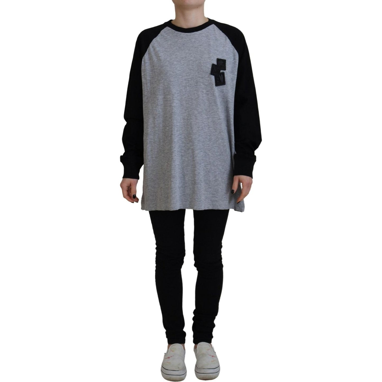 Dsquared² Black Gray Cotton Raglan Long Sleeves Casual Top Dsquared² Slate Gray