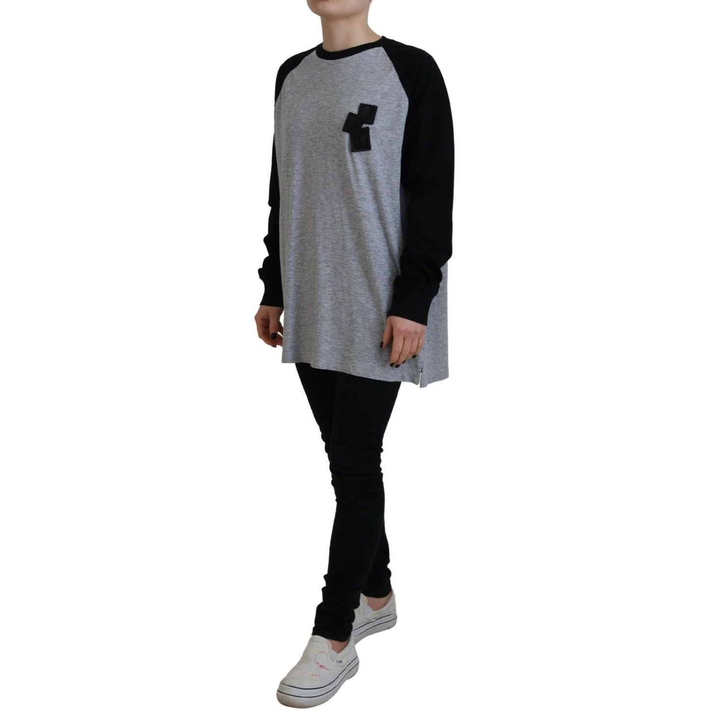 Dsquared² Black Gray Cotton Raglan Long Sleeves Casual Top Dsquared² Slate Gray